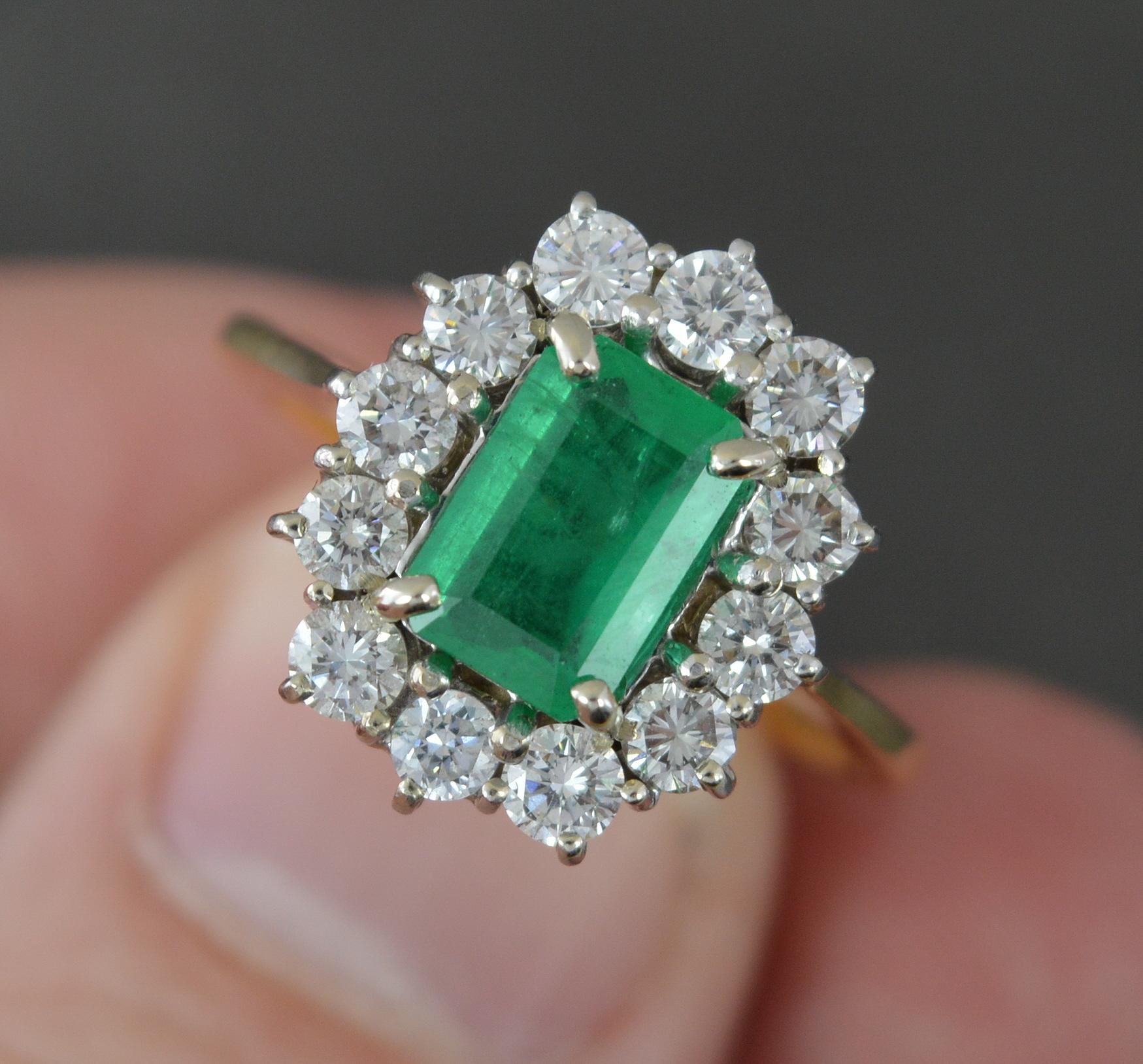 Stunning Natural Emerald and 1.00ct Diamond 18ct Gold Cluster Ring For Sale 1