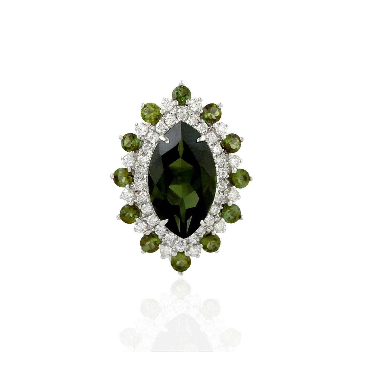 Marquise Cut Stunning Natural Green Tourmalines And Diamonds Earrings 18K Gold 6.68 Carats For Sale