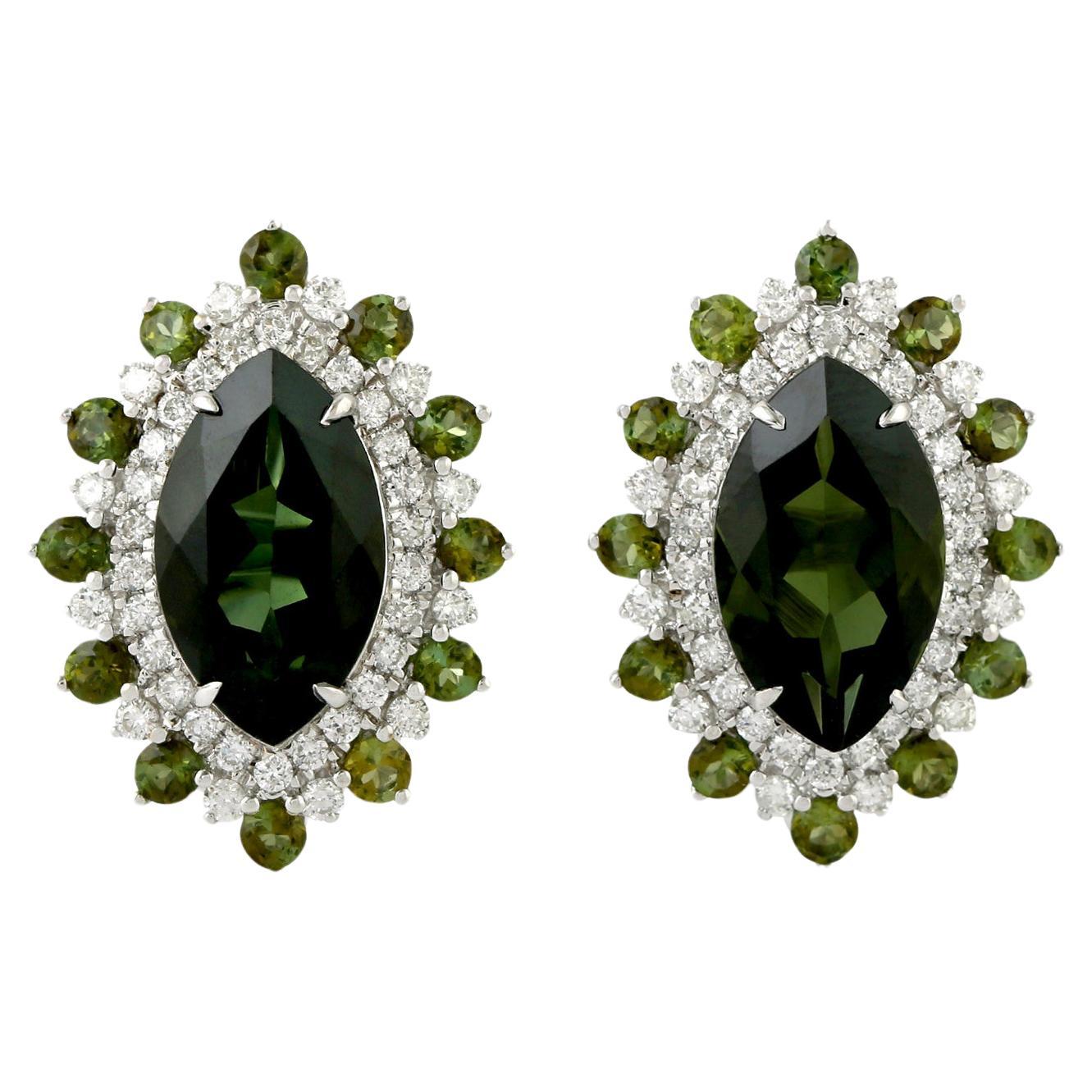 Stunning Natural Green Tourmalines And Diamonds Earrings 18K Gold 6.68 Carats For Sale