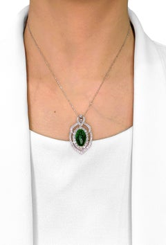 Stunning Natural Jadeite Jade Halo Pendant w/ 0.92ct Diamonds in 18k White Gold