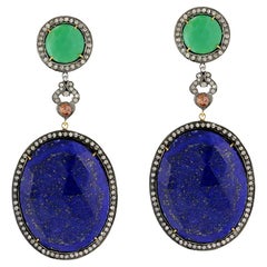 Stunning Natural Lapis Lazuli Chrysoprase And Diamond Dangle Earrings 18K Gold Stunning Natural Lapis Lazuli Chrysoprase And Diamond Dangle Earrings 18K Gold