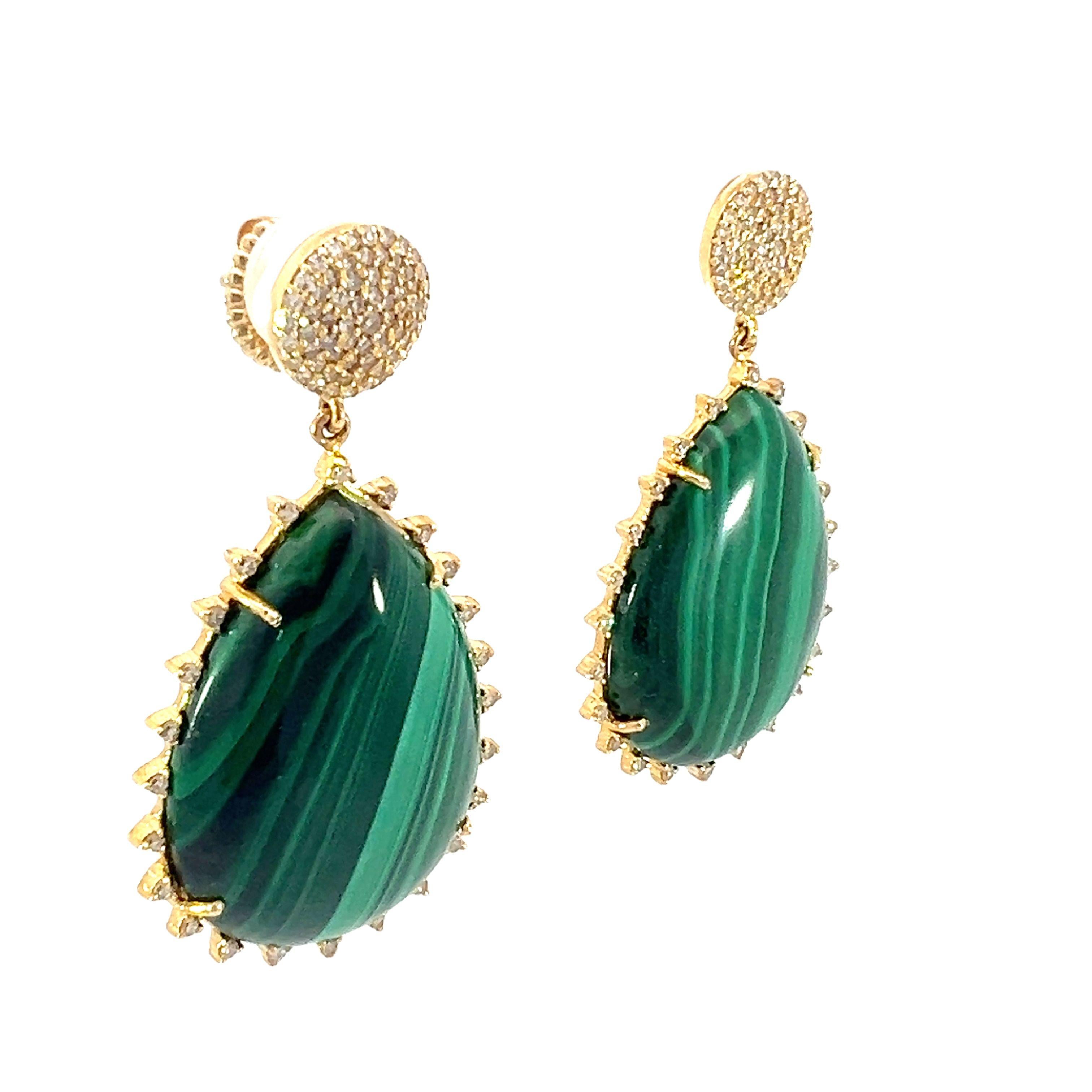 The mesmerizing rich tone of these breathtaking 64.73-carat malachite and 1.10-carat diamond teardrop earrings is appealing. The detailed 14kt yellow gold decorative purposes on each earring highlights the vibrant hue and unique pattern of the