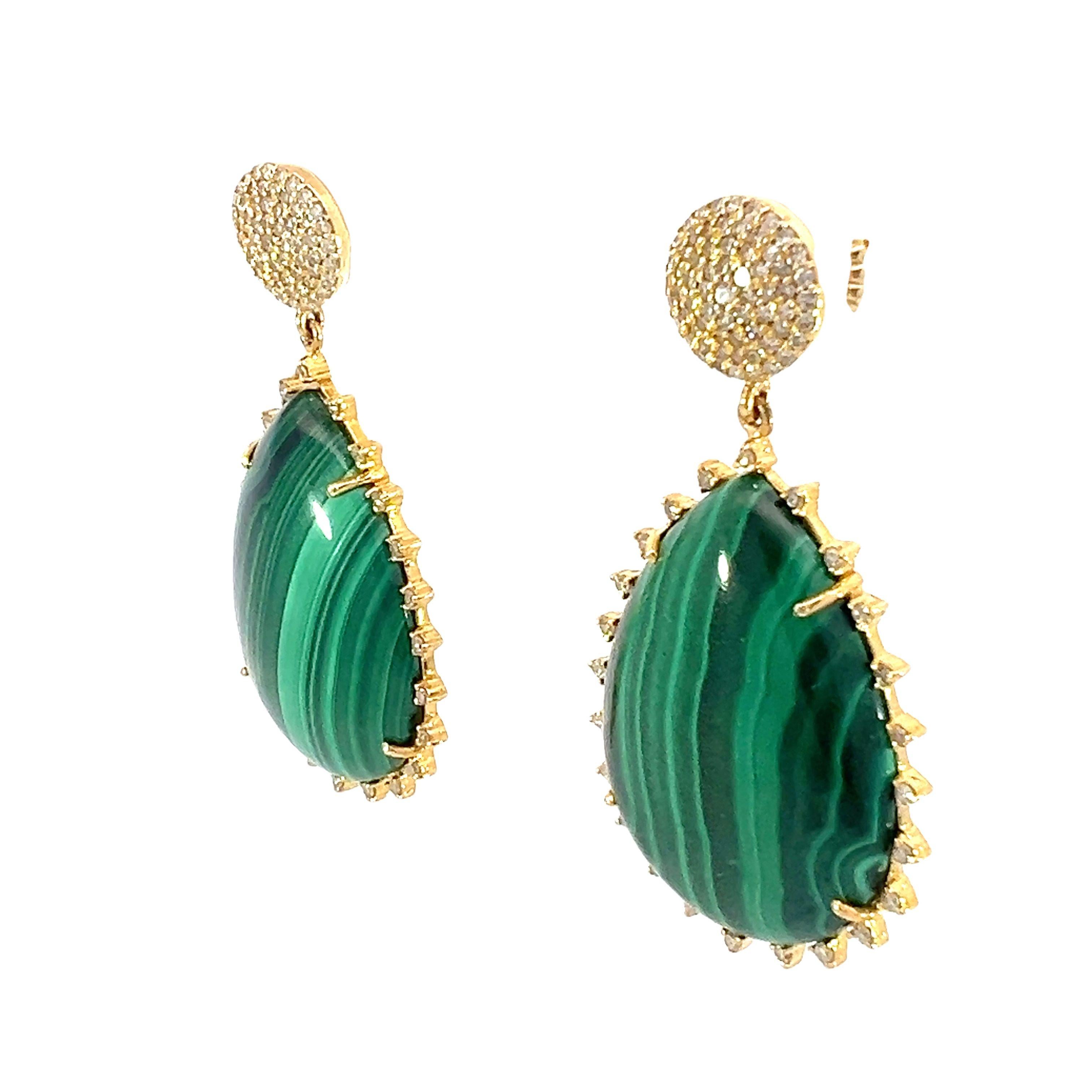 Mixed Cut Stunning natural Malachite and diamonds earrings For Sale