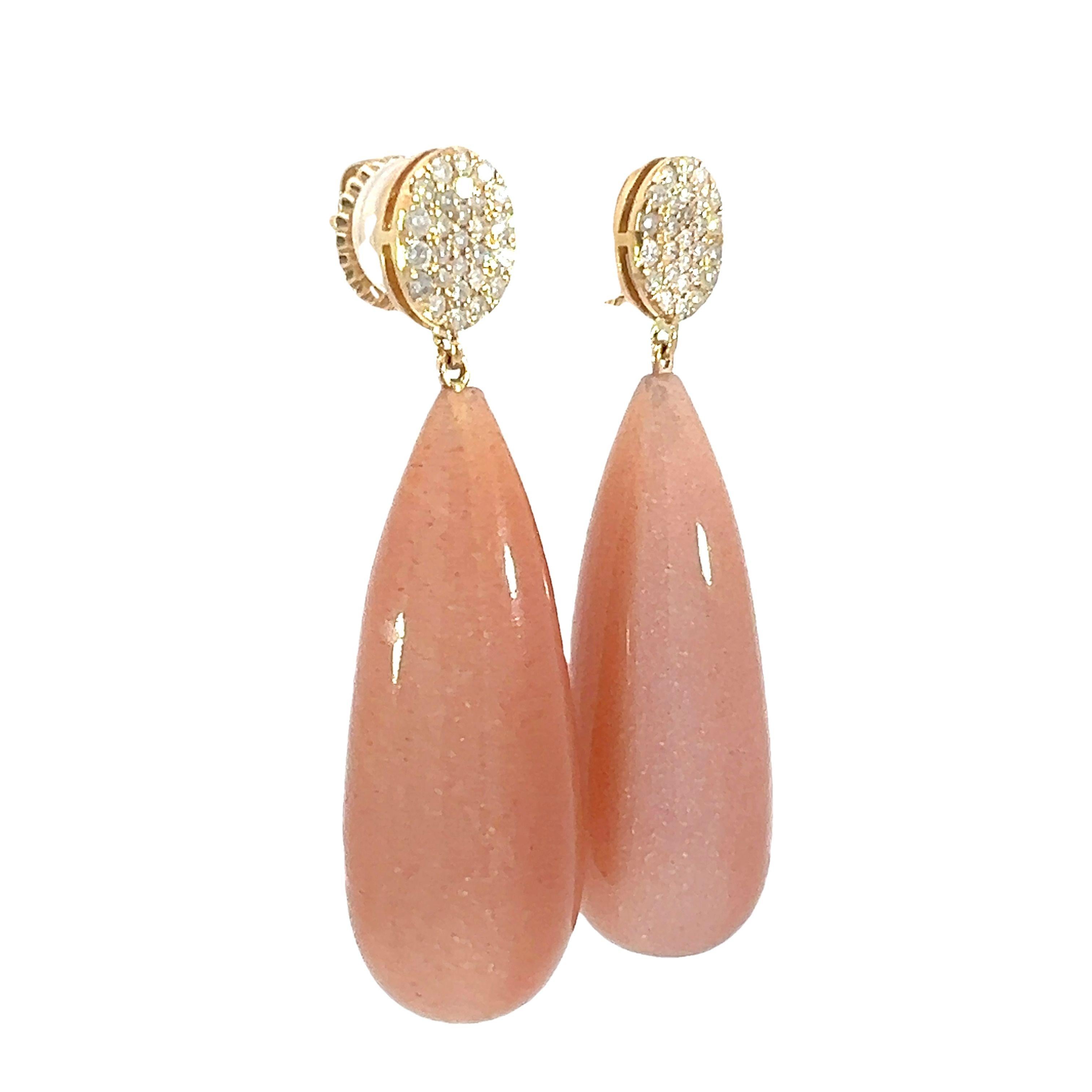 Mixed Cut Stunning natural Peach moon stone and diamonds earrings For Sale