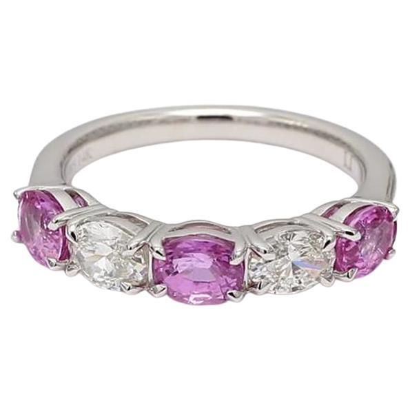 Natural Pink Oval Sapphire and White Diamond 1.97 Carat TW Gold Wedding Band For Sale