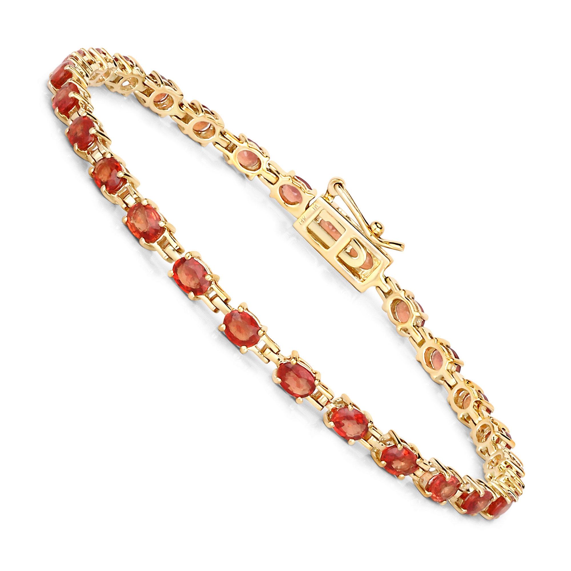 Stunning Natural Red Orange Sapphire Tennis Bracelet 7 Carats 14k Yellow Gold For Sale 1