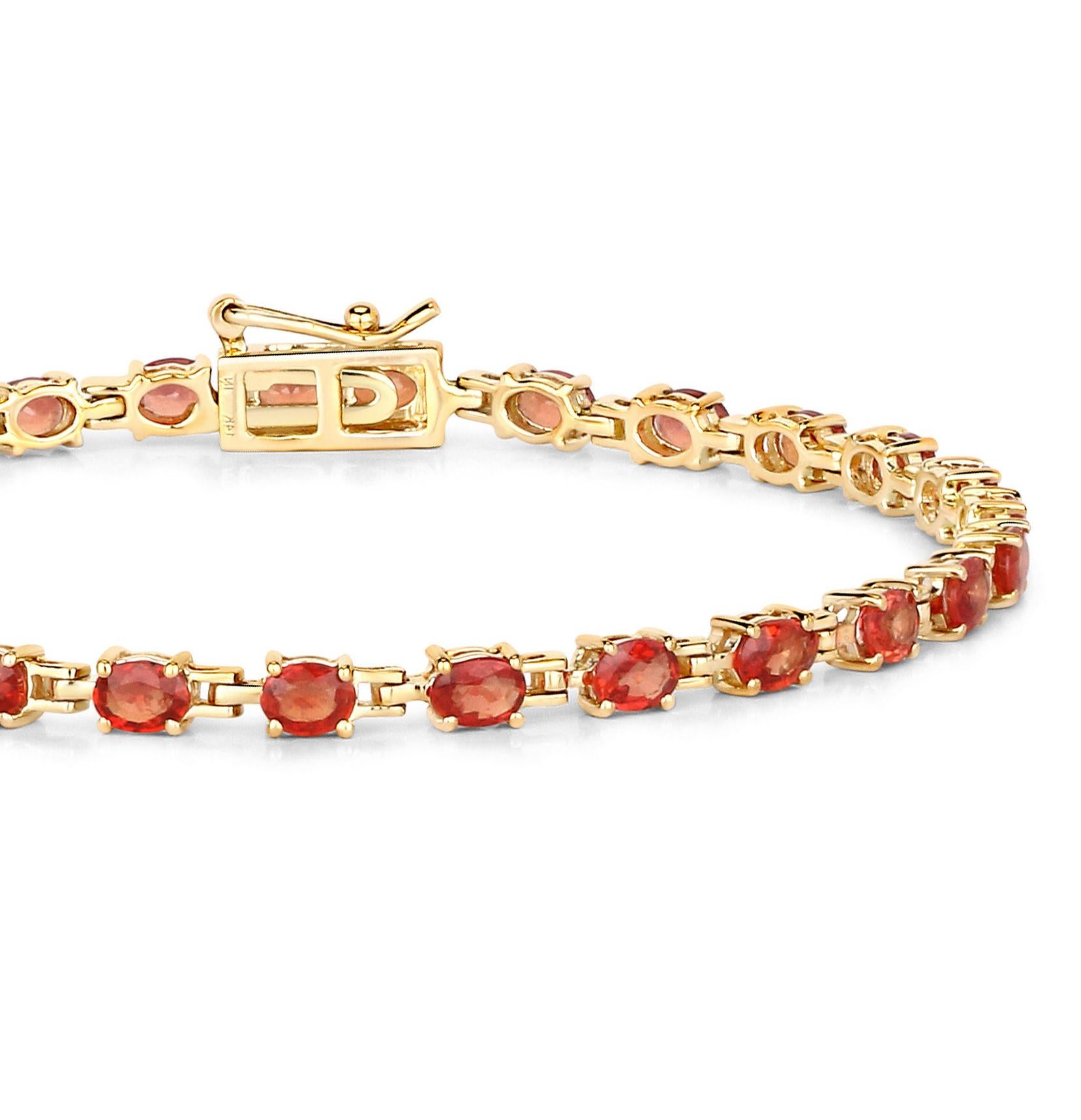 Stunning Natural Red Orange Sapphire Tennis Bracelet 7 Carats 14k Yellow Gold In Excellent Condition For Sale In Laguna Niguel, CA