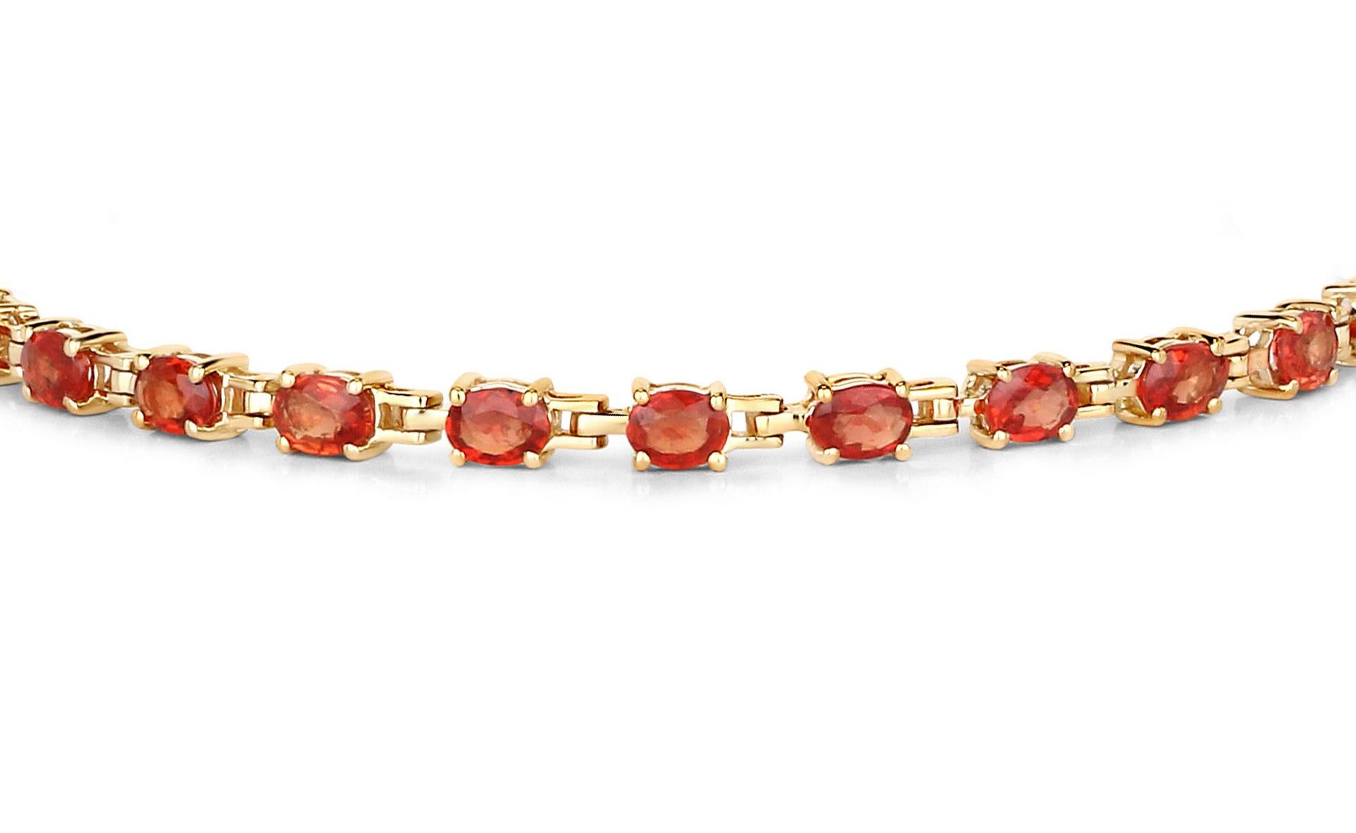 Stunning Natural Red Orange Sapphire Tennis Bracelet 7 Carats 14k Yellow Gold In Excellent Condition For Sale In Aliso Viejo, CA
