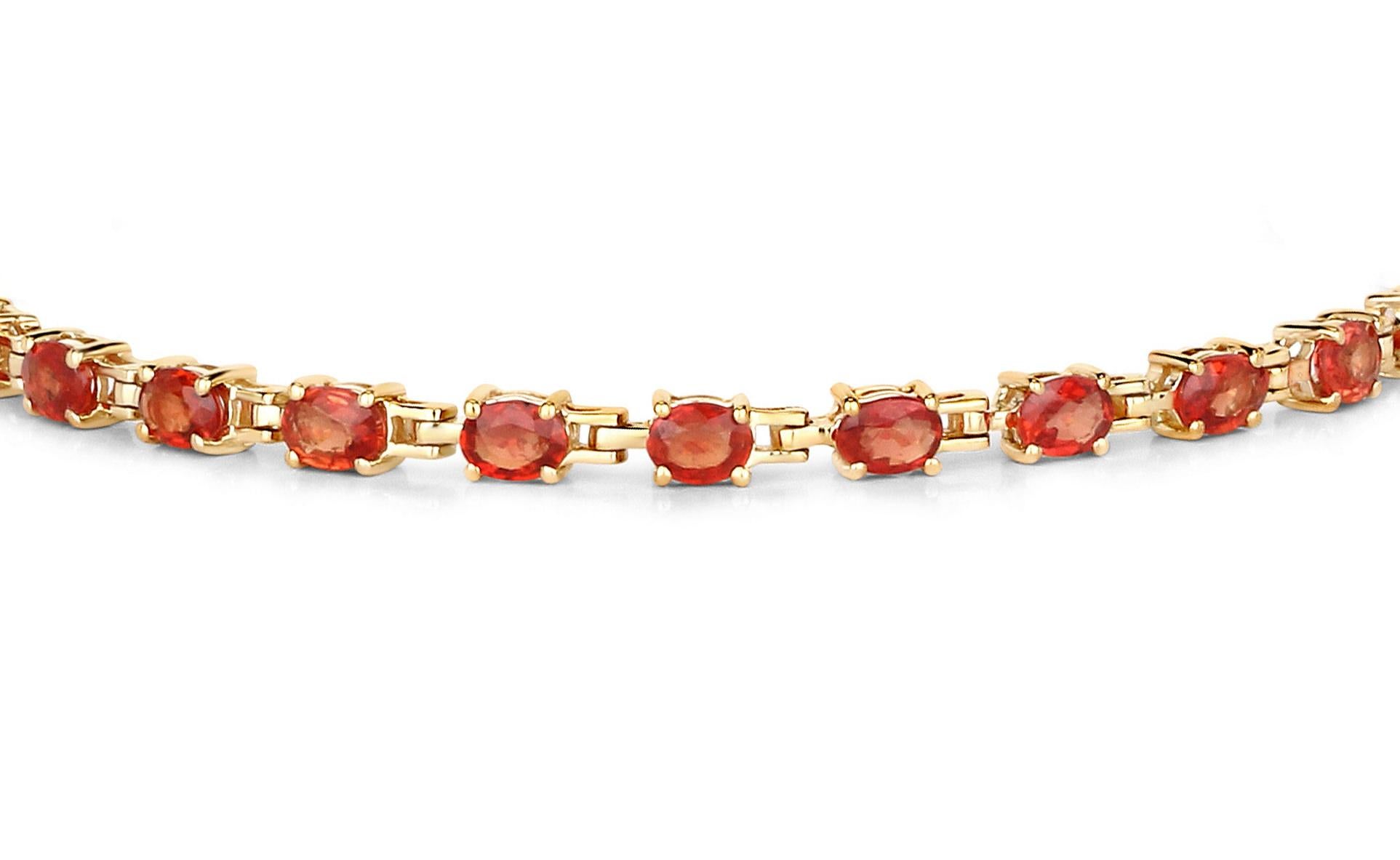 Oval Cut Stunning Natural Red Orange Sapphire Tennis Bracelet 7 Carats 14k Yellow Gold For Sale