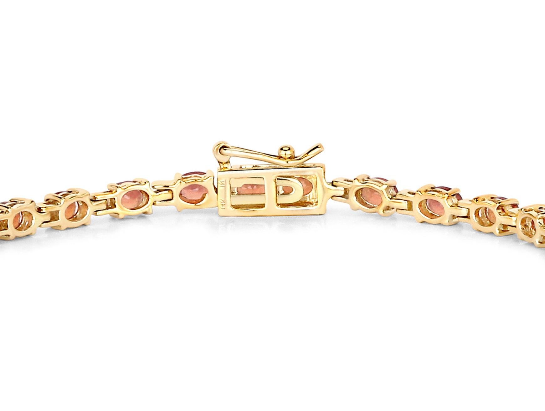 Stunning Natural Red Orange Sapphire Tennis Bracelet 7 Carats 14k Yellow Gold For Sale 1