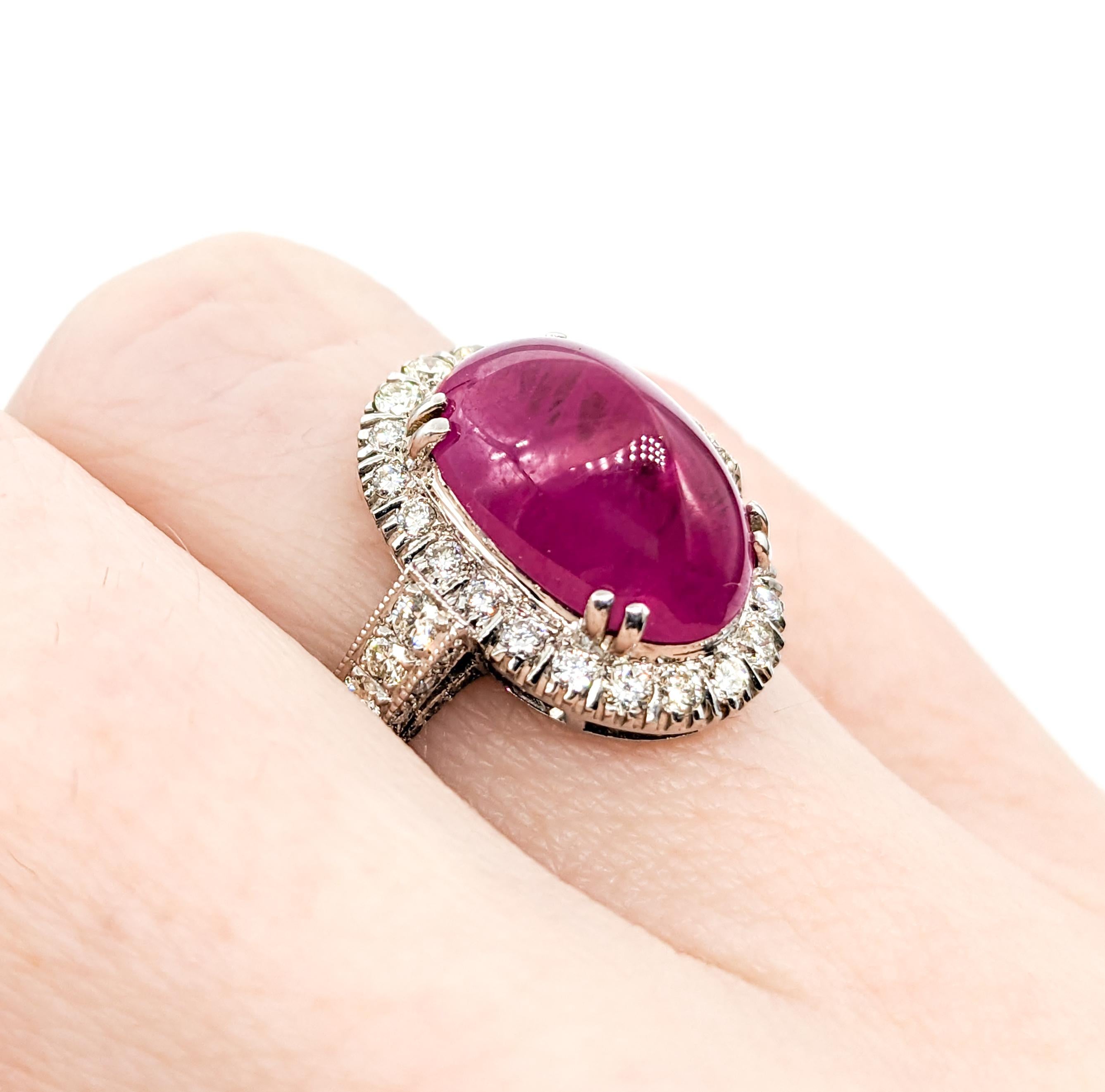 Contemporary Stunning Natural Ruby Cabochon Ring with Round Diamonds in 18Kt White Gold For Sale