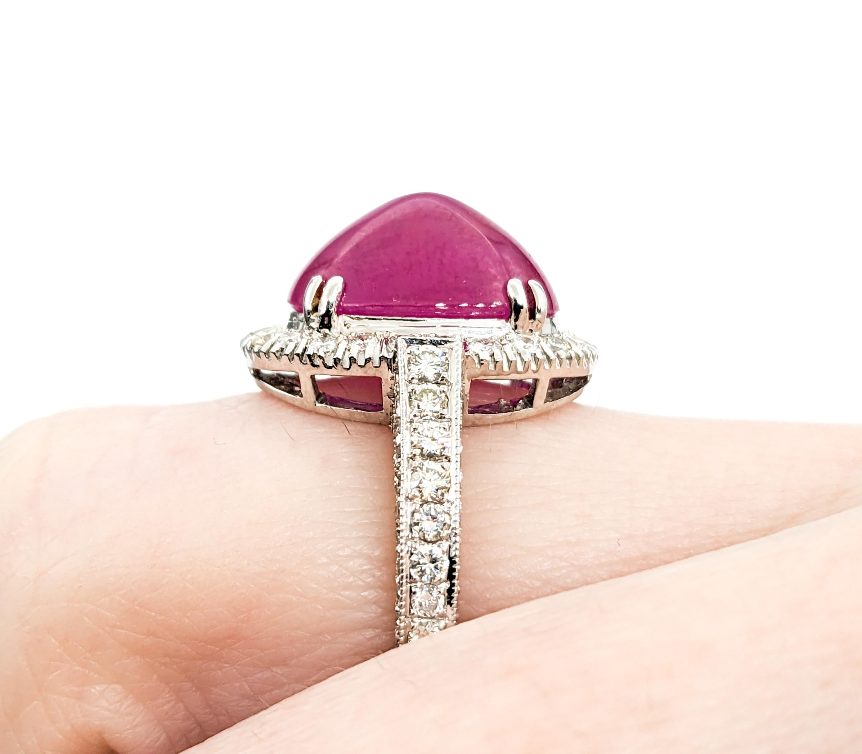 Stunning Natural Ruby Cabochon Ring with Round Diamonds in 18Kt White Gold In Excellent Condition For Sale In Bloomington, MN