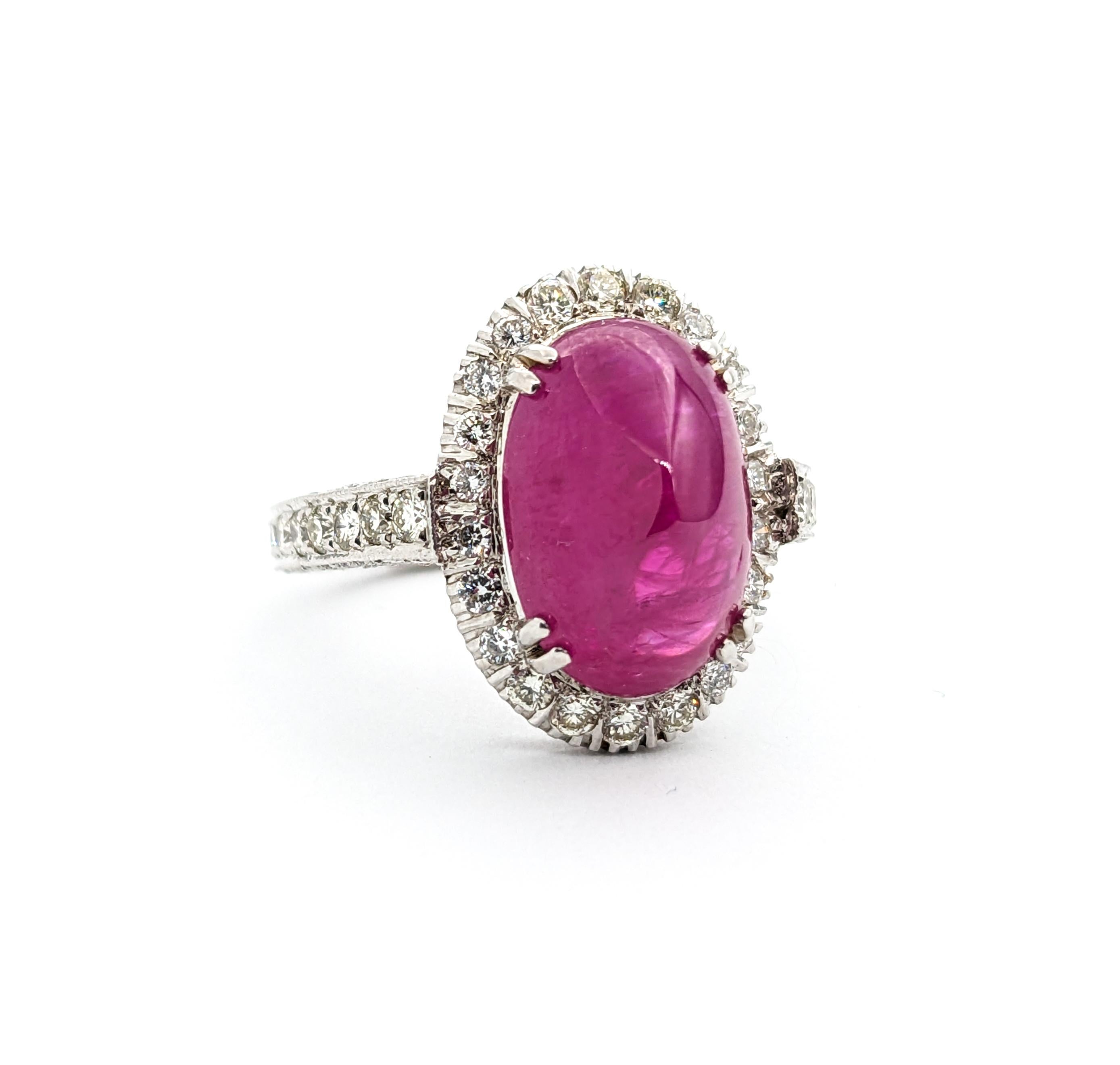 Women's Stunning Natural Ruby Cabochon Ring with Round Diamonds in 18Kt White Gold For Sale
