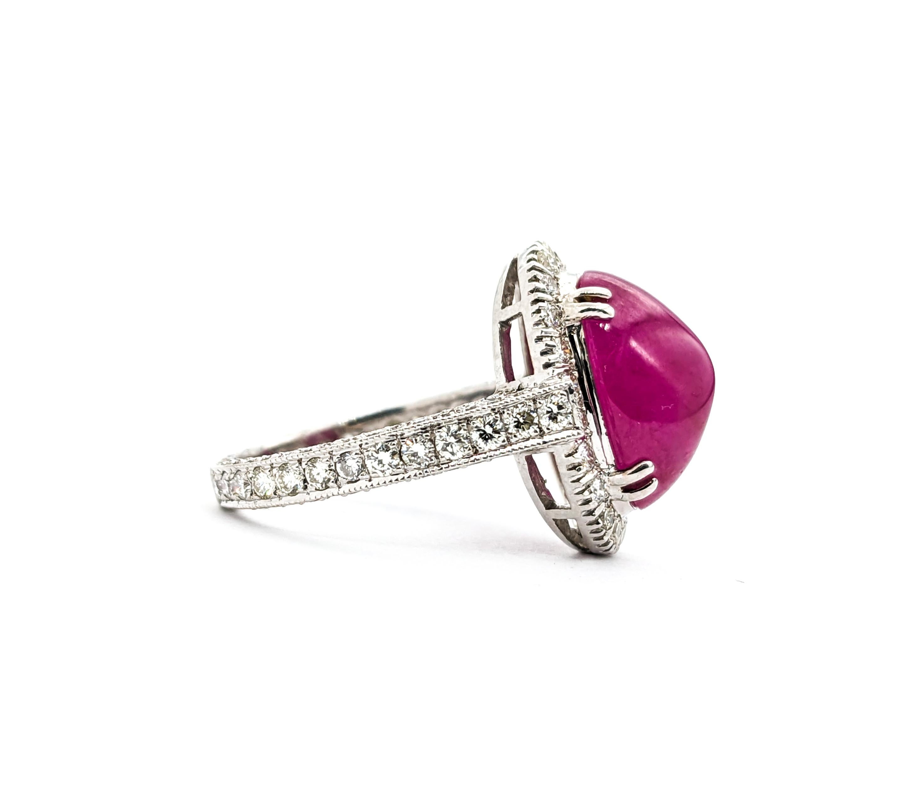 Stunning Natural Ruby Cabochon Ring with Round Diamonds in 18Kt White Gold For Sale 1