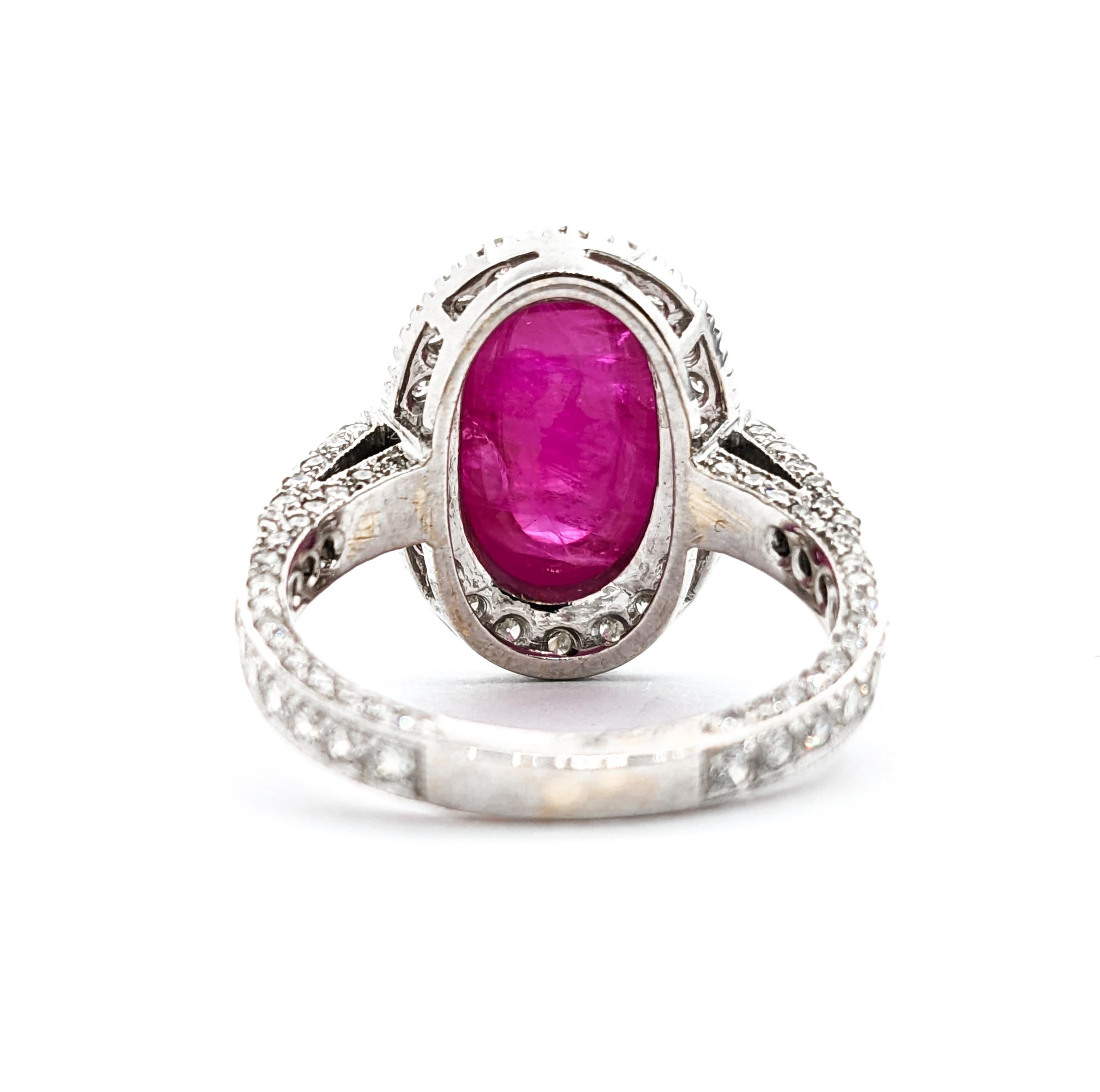 Stunning Natural Ruby Cabochon Ring with Round Diamonds in 18Kt White Gold For Sale 2