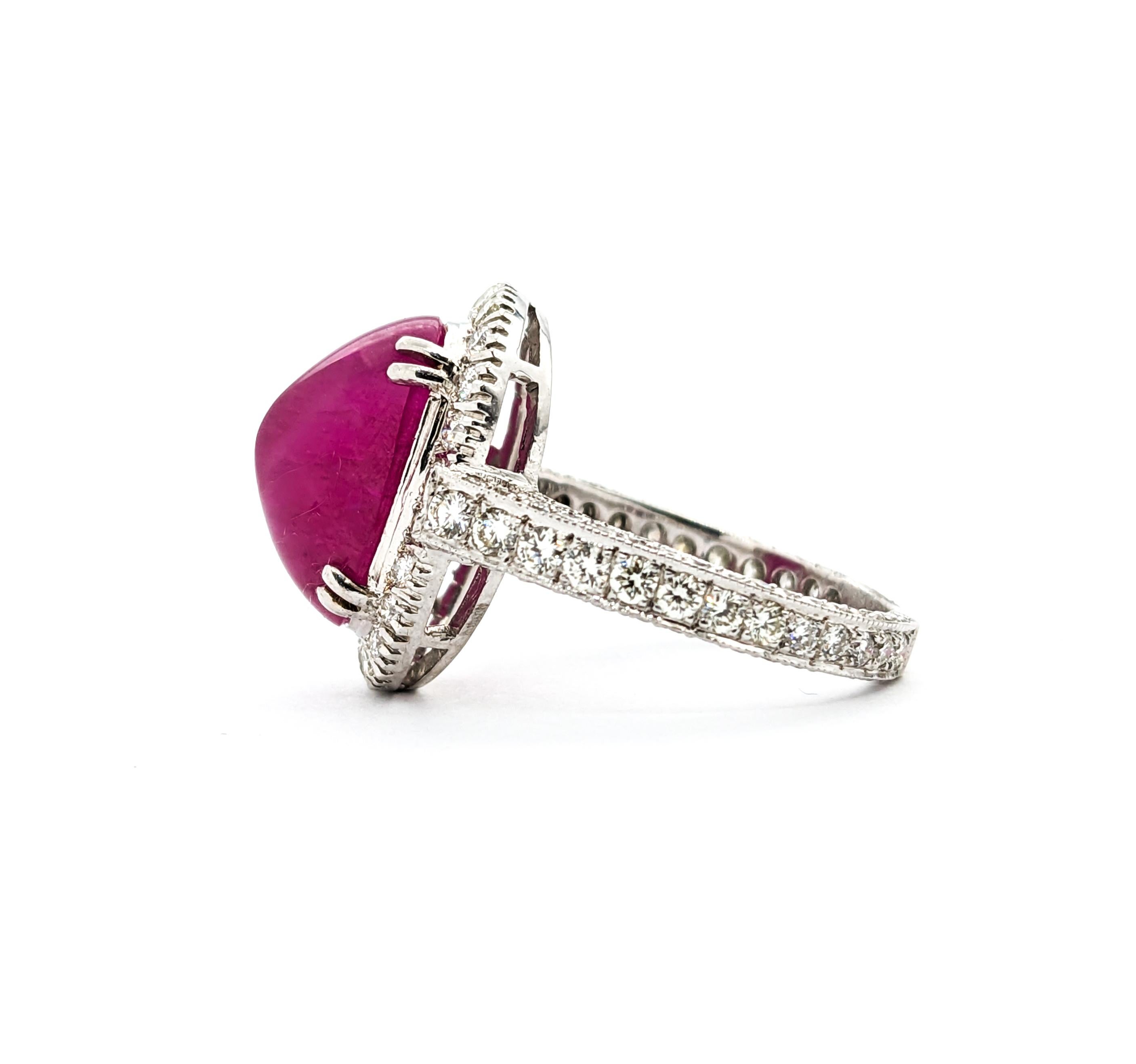 Stunning Natural Ruby Cabochon Ring with Round Diamonds in 18Kt White Gold For Sale 3