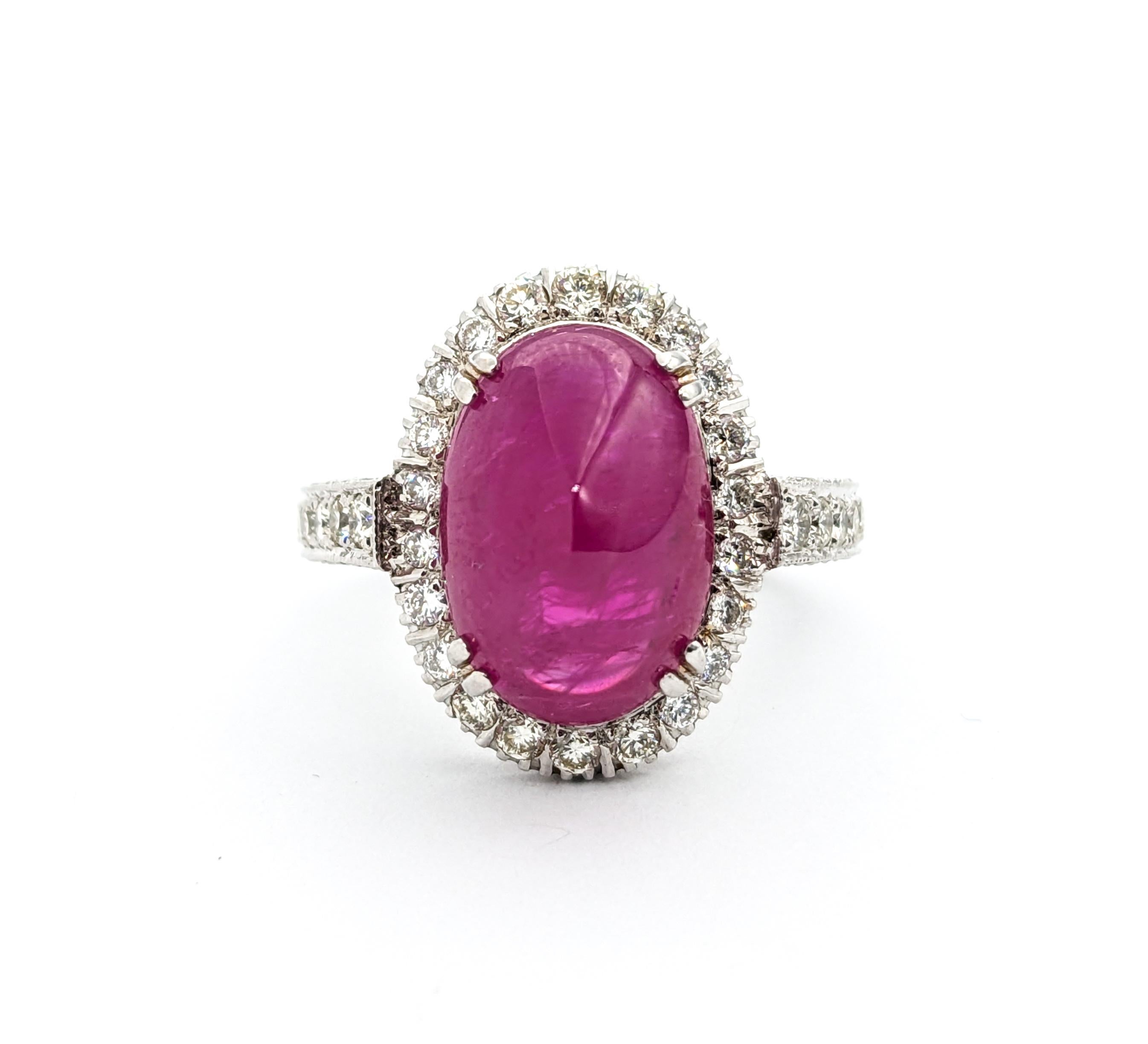 Stunning Natural Ruby Cabochon Ring with Round Diamonds in 18Kt White Gold For Sale 4