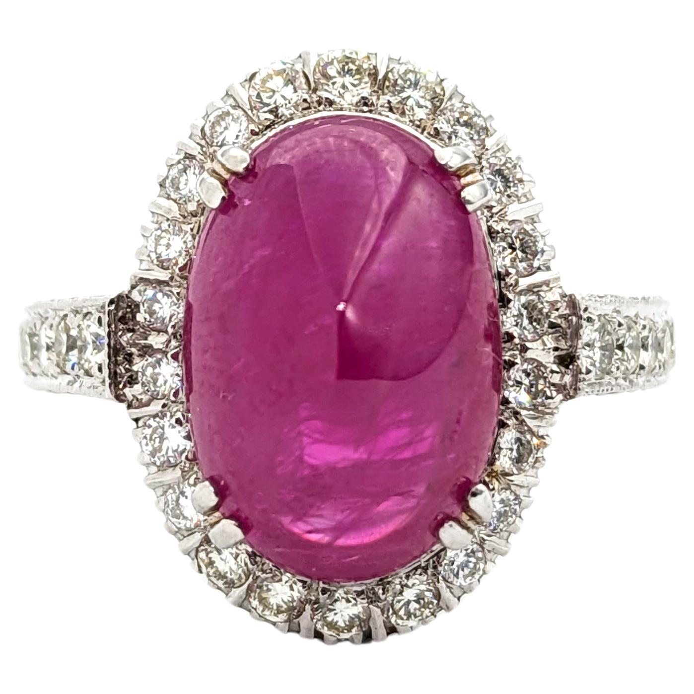 Stunning Natural Ruby Cabochon Ring with Round Diamonds in 18Kt White Gold For Sale