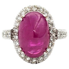 Stunning Natural Ruby Cabochon Ring with Round Diamonds in 18Kt White Gold