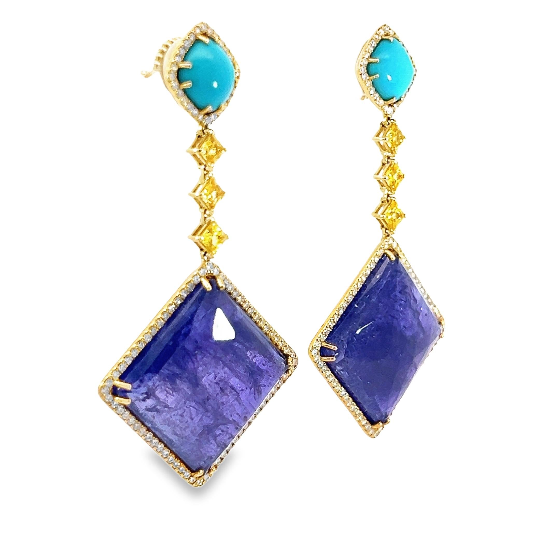 These gorgeous earrings made of 14-karat yellow gold have an interesting design with 1.14-carat diamonds, 1.40-carat yellow sapphire, 3.76-carat turquoise, and 55.60-carat tanzanite that all catch the light brilliantly. They are perfect for a