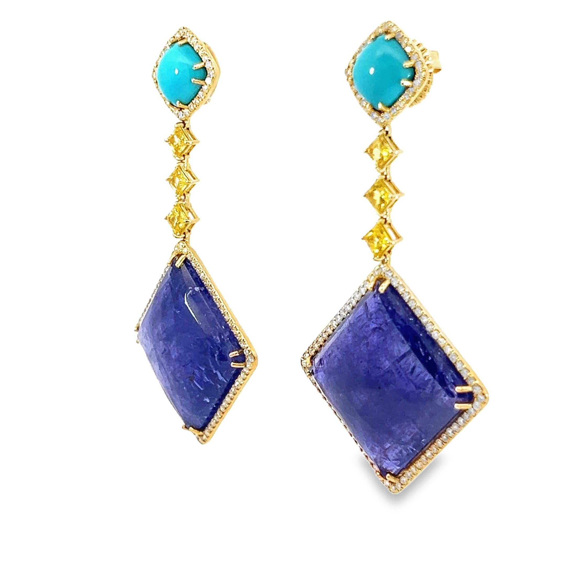 Mixed Cut Stunning Natural Turquoise , Tanzanite, Sapphire and Diamond Earrings For Sale