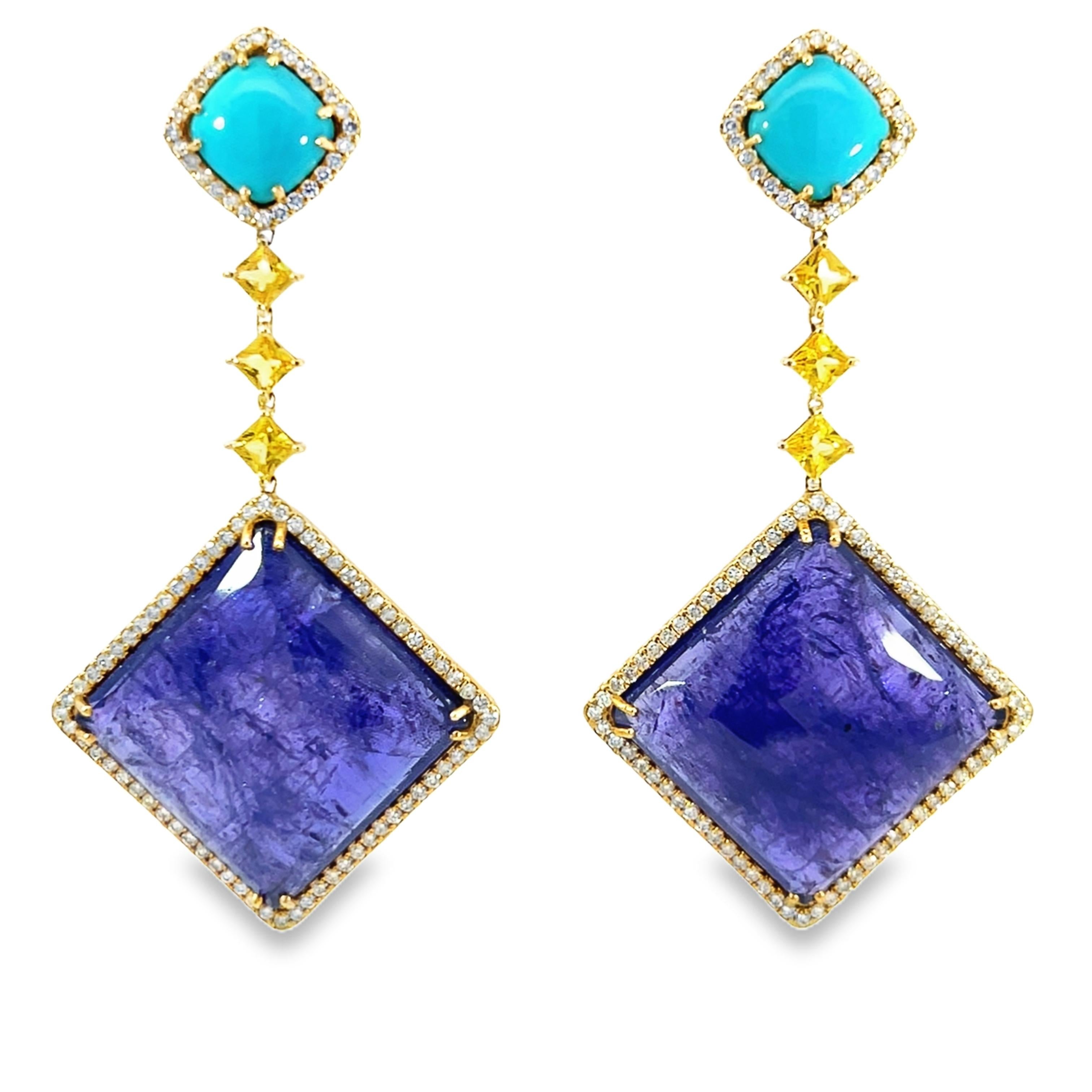 Stunning Natural Turquoise , Tanzanite, Sapphire and Diamond Earrings In New Condition For Sale In New York, NY