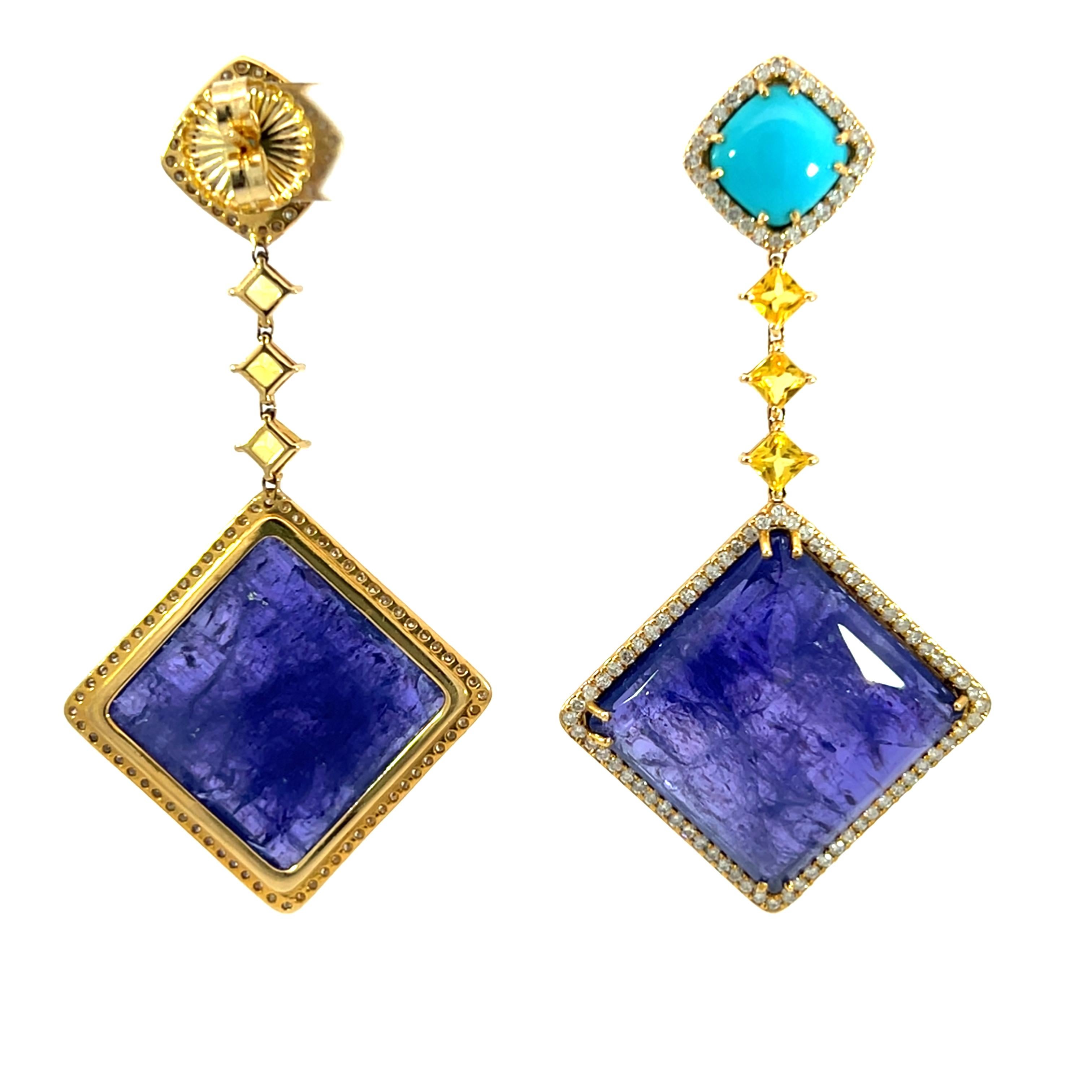 Stunning Natural Turquoise , Tanzanite, Sapphire and Diamond Earrings For Sale 1