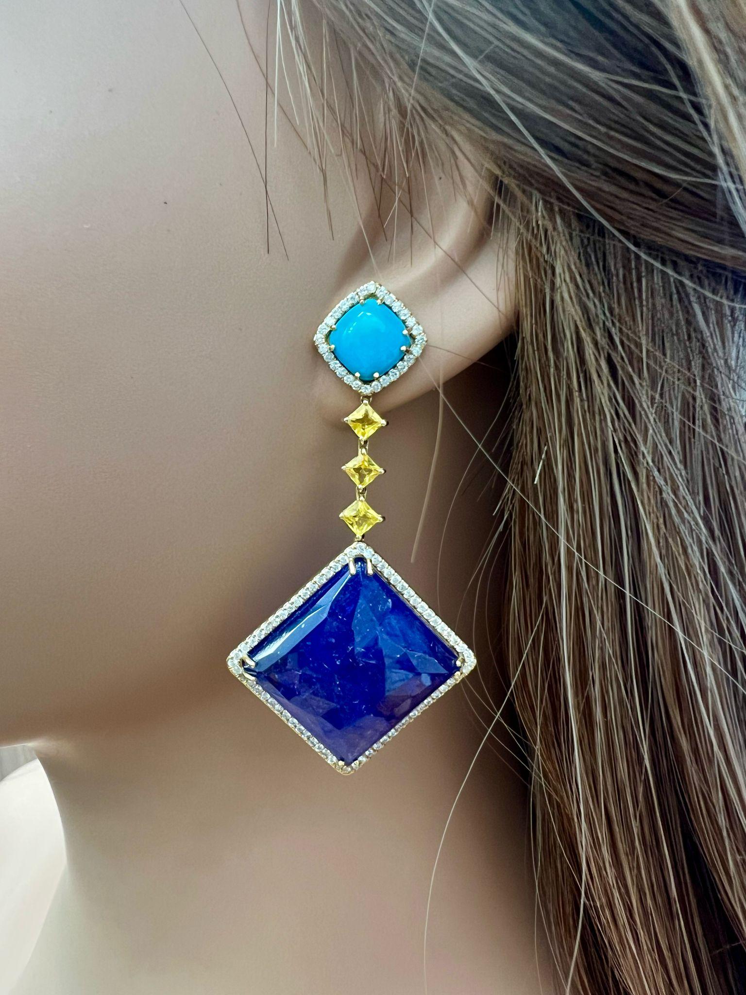 Stunning Natural Turquoise , Tanzanite, Sapphire and Diamond Earrings For Sale 2