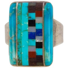 Superbe bague d'affirmation en argent sterling incrustée de turquoises Navajo multi-pierres