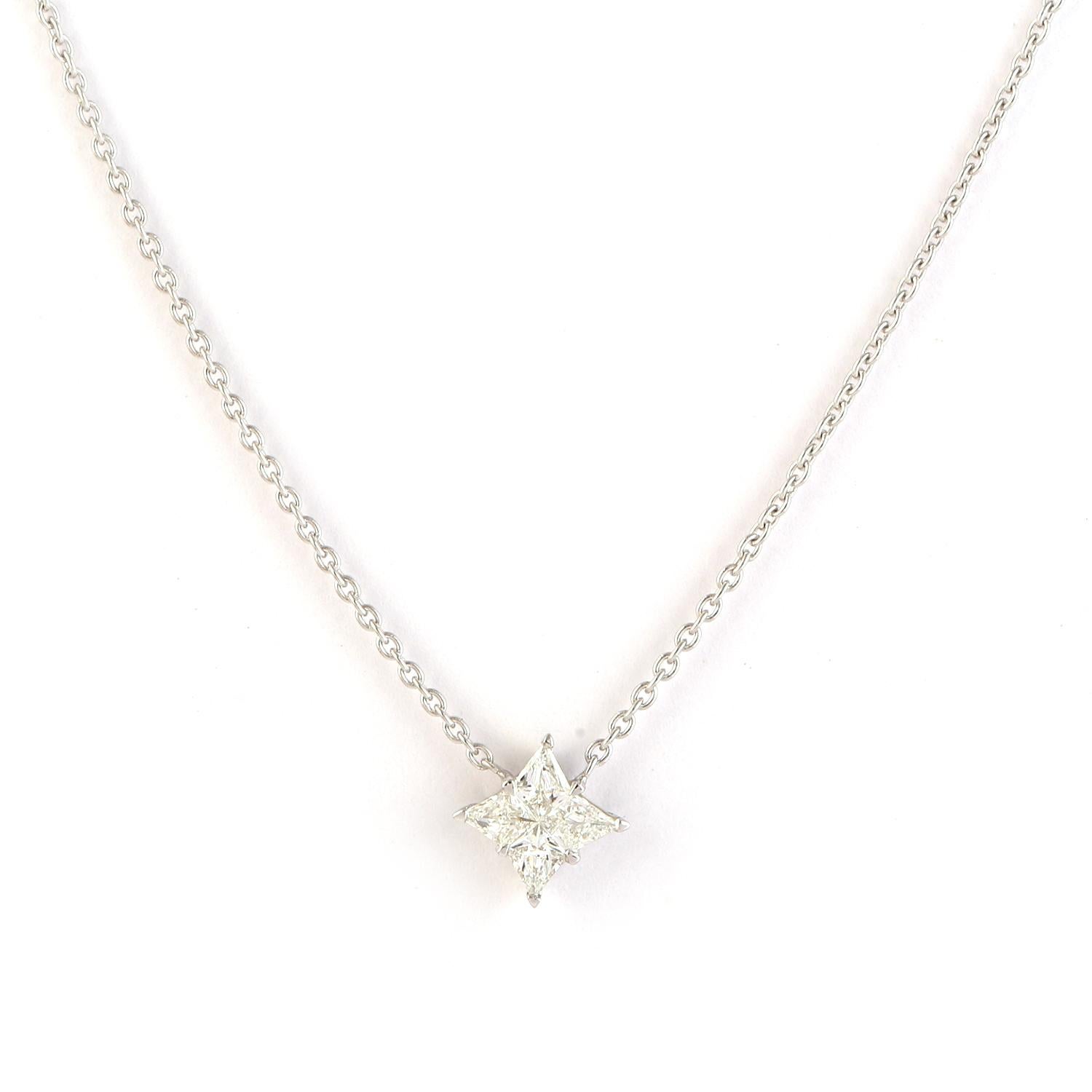 Indulge in the luxury of this stunning necklace made with 18k white gold and featuring a dazzling diamond-studded star pendant. The pendant sparkles with a brilliant array of diamonds, catching the light with every movement. The delicate chain is