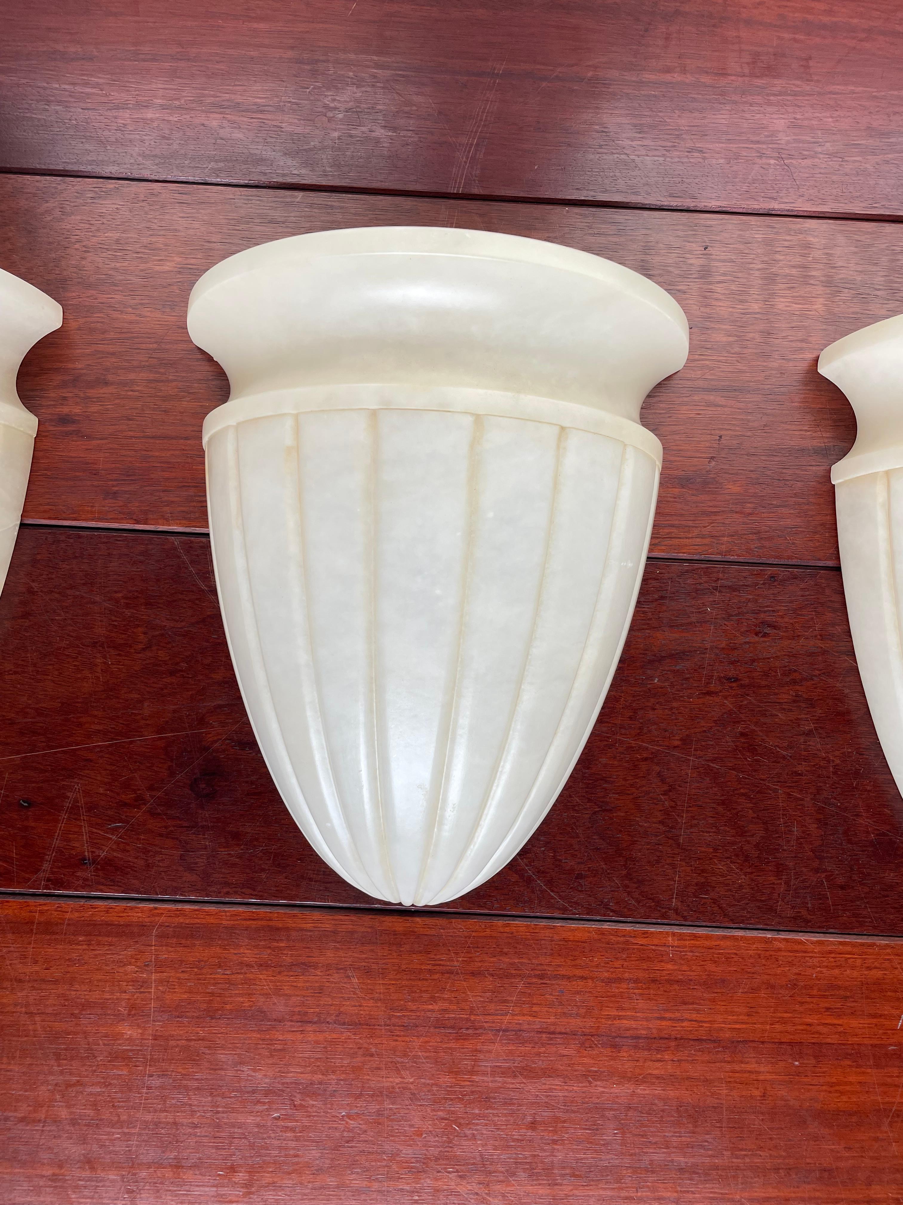 Stunning Set of 3 Midcentury Made, Large Size Hand Carved Alabaster Wall Sconces For Sale 3