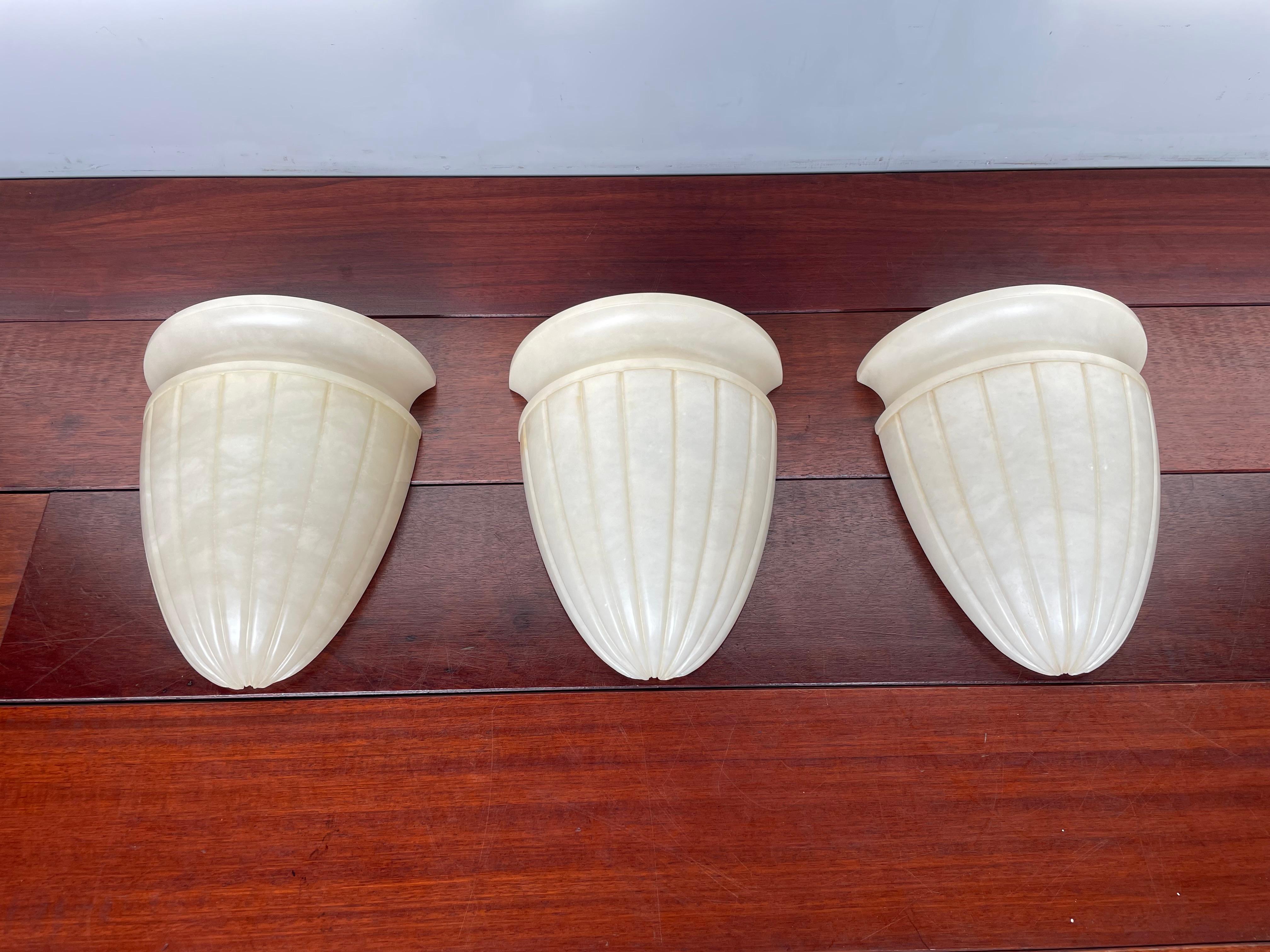 Metal Stunning Set of 3 Midcentury Made, Large Size Hand Carved Alabaster Wall Sconces For Sale