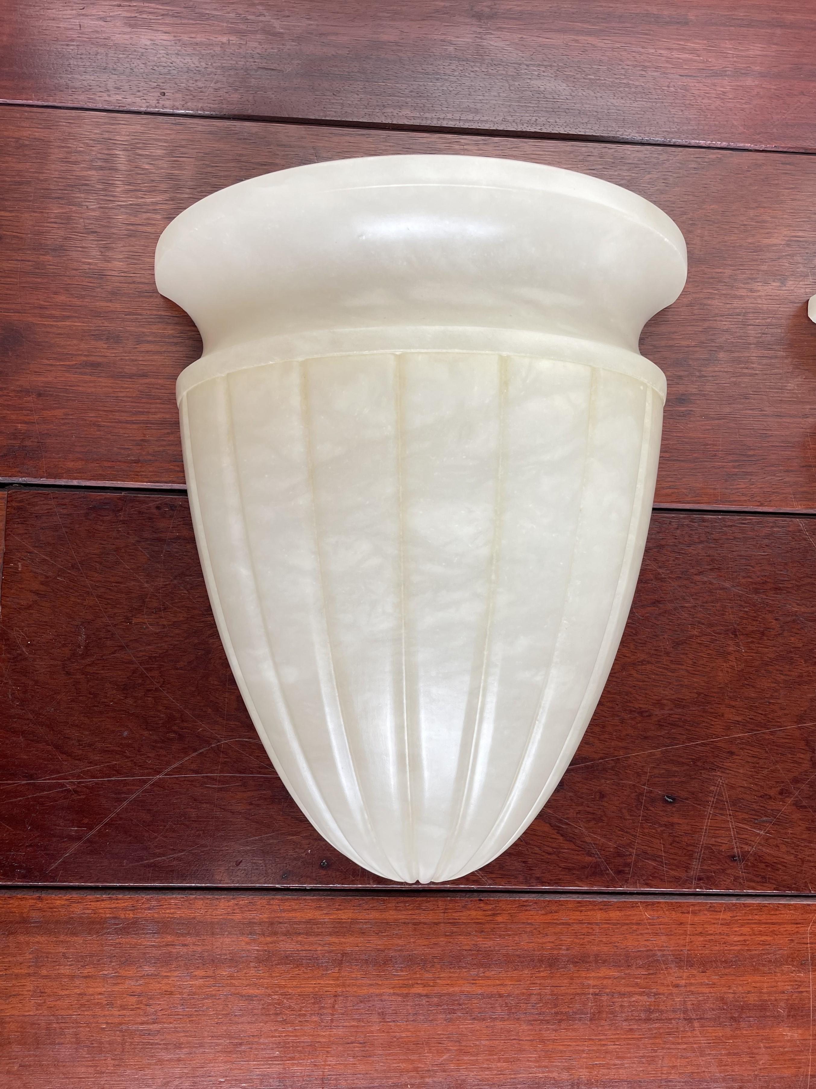 Stunning Set of 3 Midcentury Made, Large Size Hand Carved Alabaster Wall Sconces For Sale 1