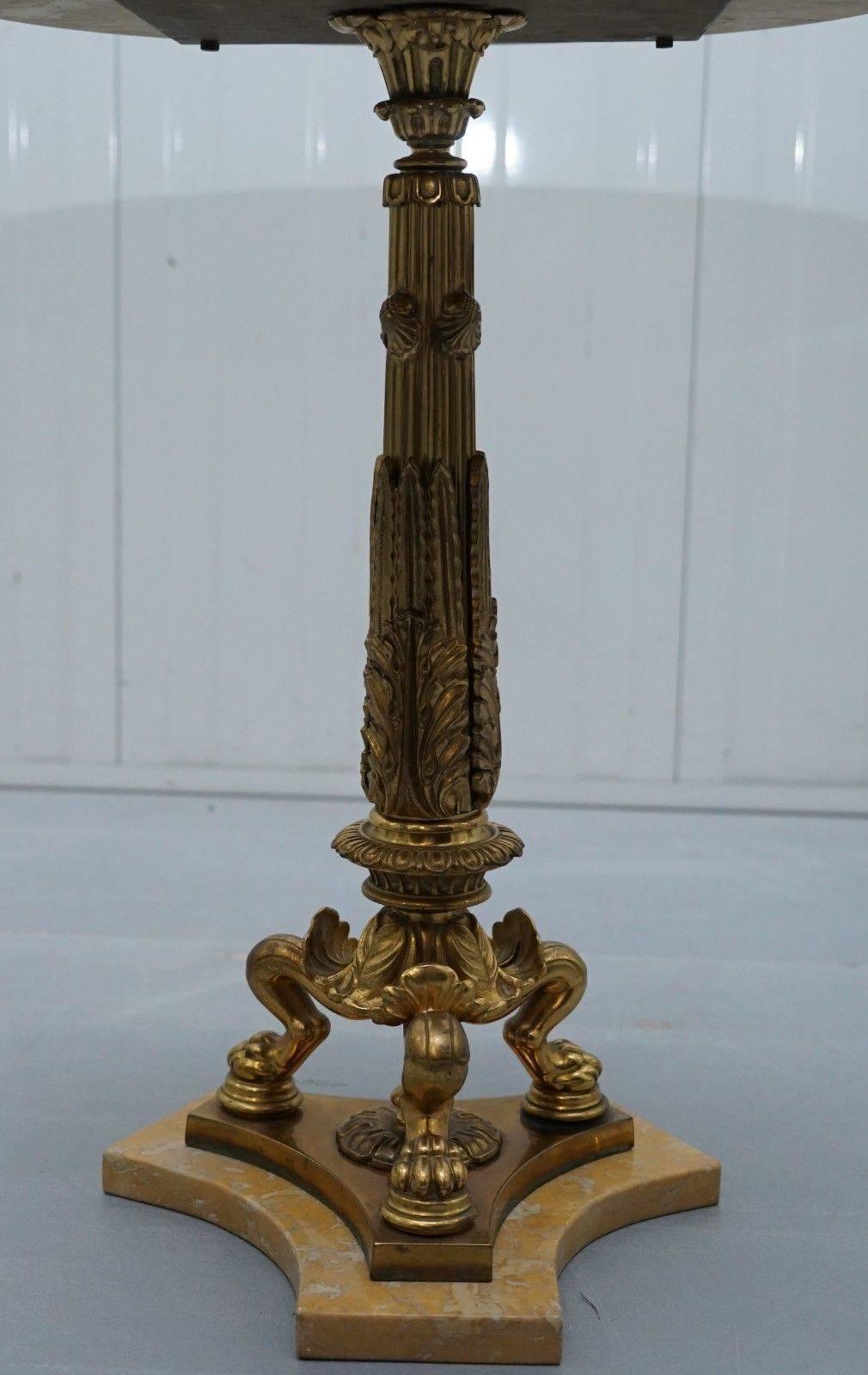 19th Century Stunning Neoclassical French Marble Side Table Brass Column Pillared Paw Legs