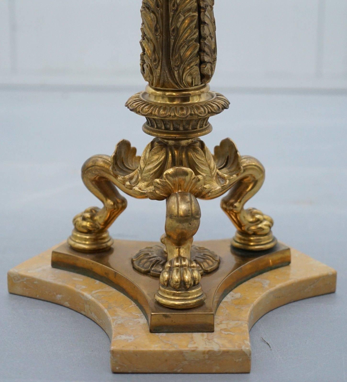 Stunning Neoclassical French Marble Side Table Brass Column Pillared Paw Legs 1