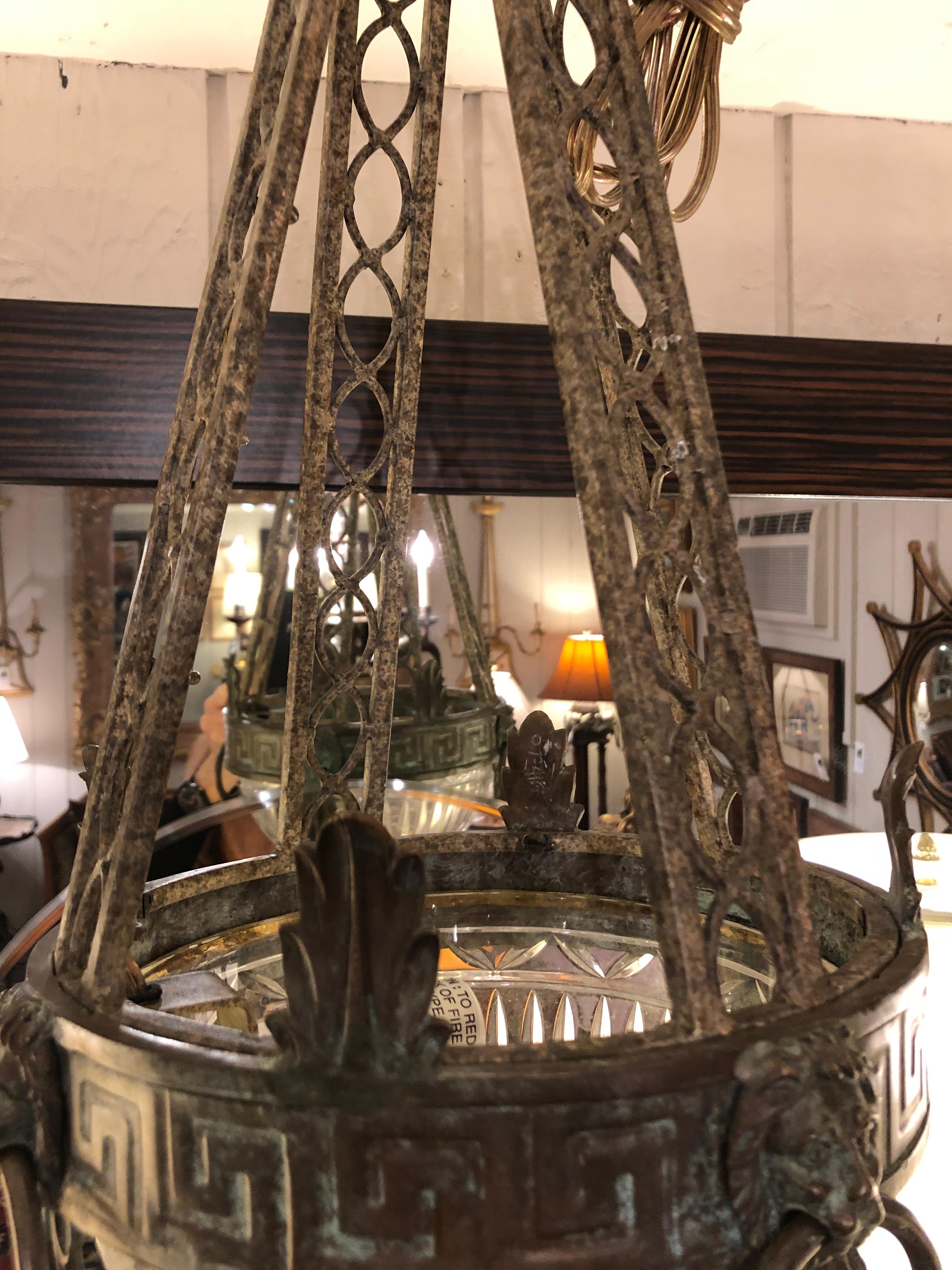 Stunning Neoclassical Iron and Cut Glass Chandelier Pendant In Excellent Condition In Hopewell, NJ