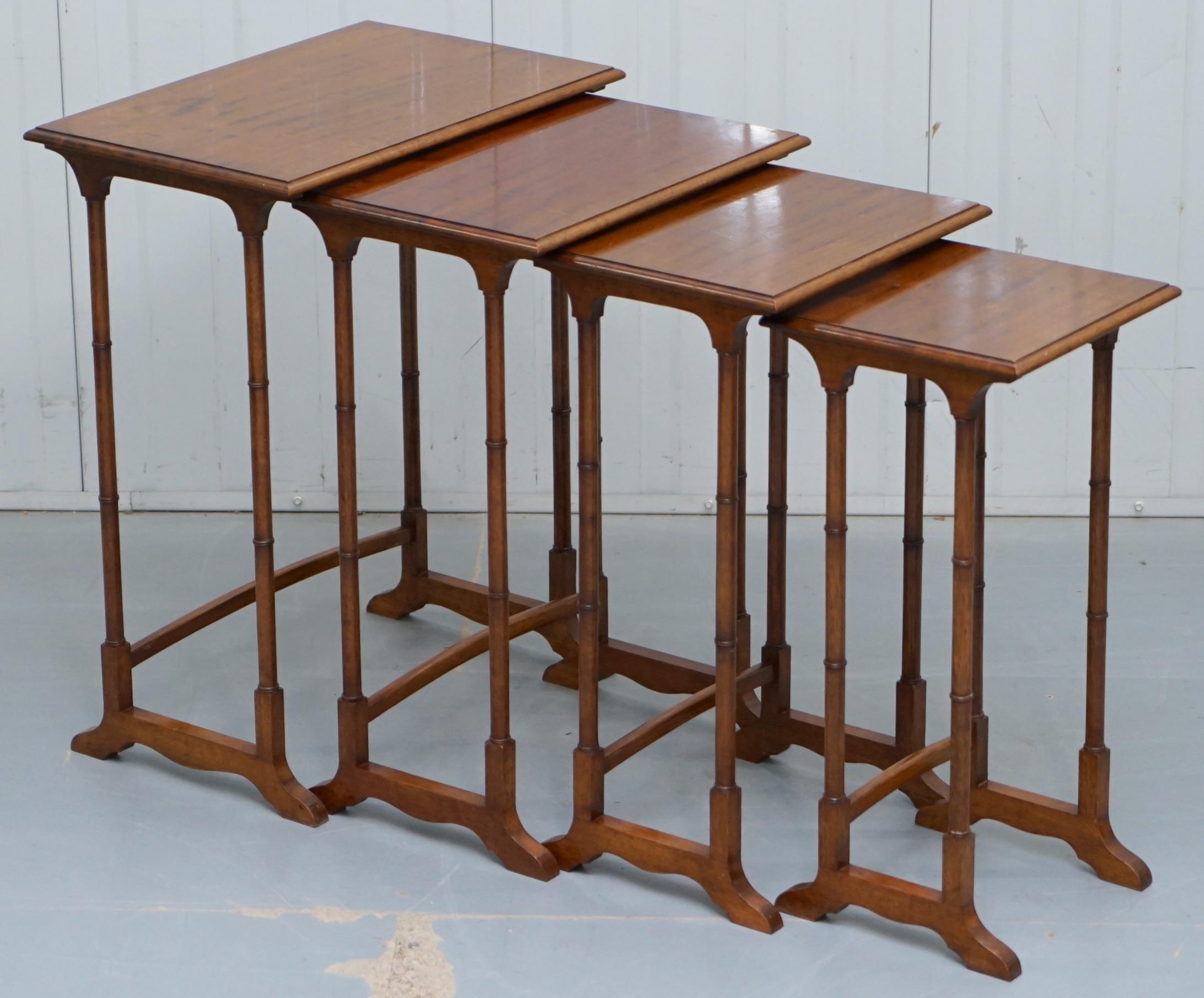 We are delighted to offer for sale this lovely original set of four Georgian Mahogany nesting tables with famboo legs

A very good looking and quintessentially English nest of tables, made with glorious golden mahogany, the legs are carved in the