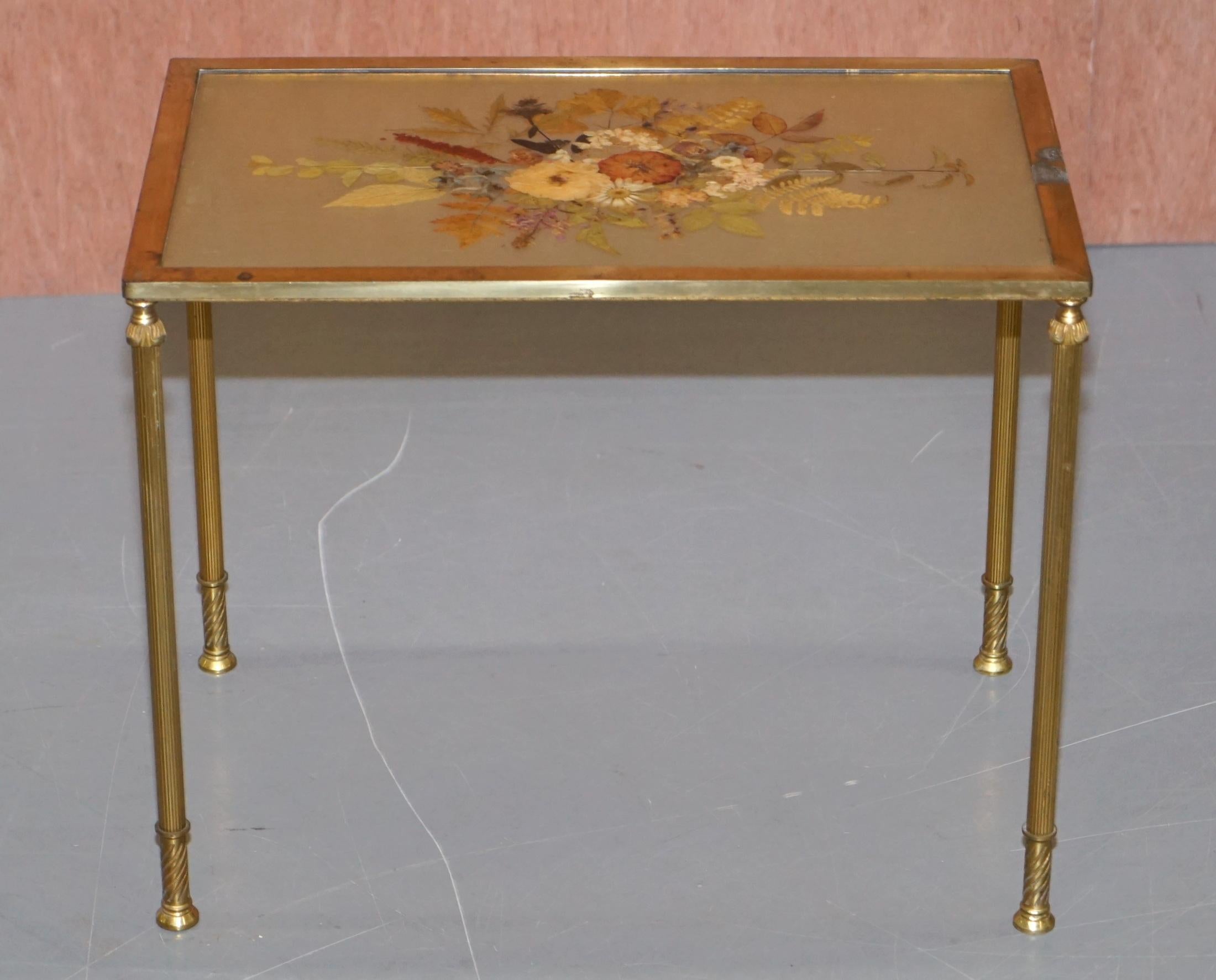 Stunning Nest of Three French circa 1920 Bronze Pressed Flowers Tables Regency 3 For Sale 7