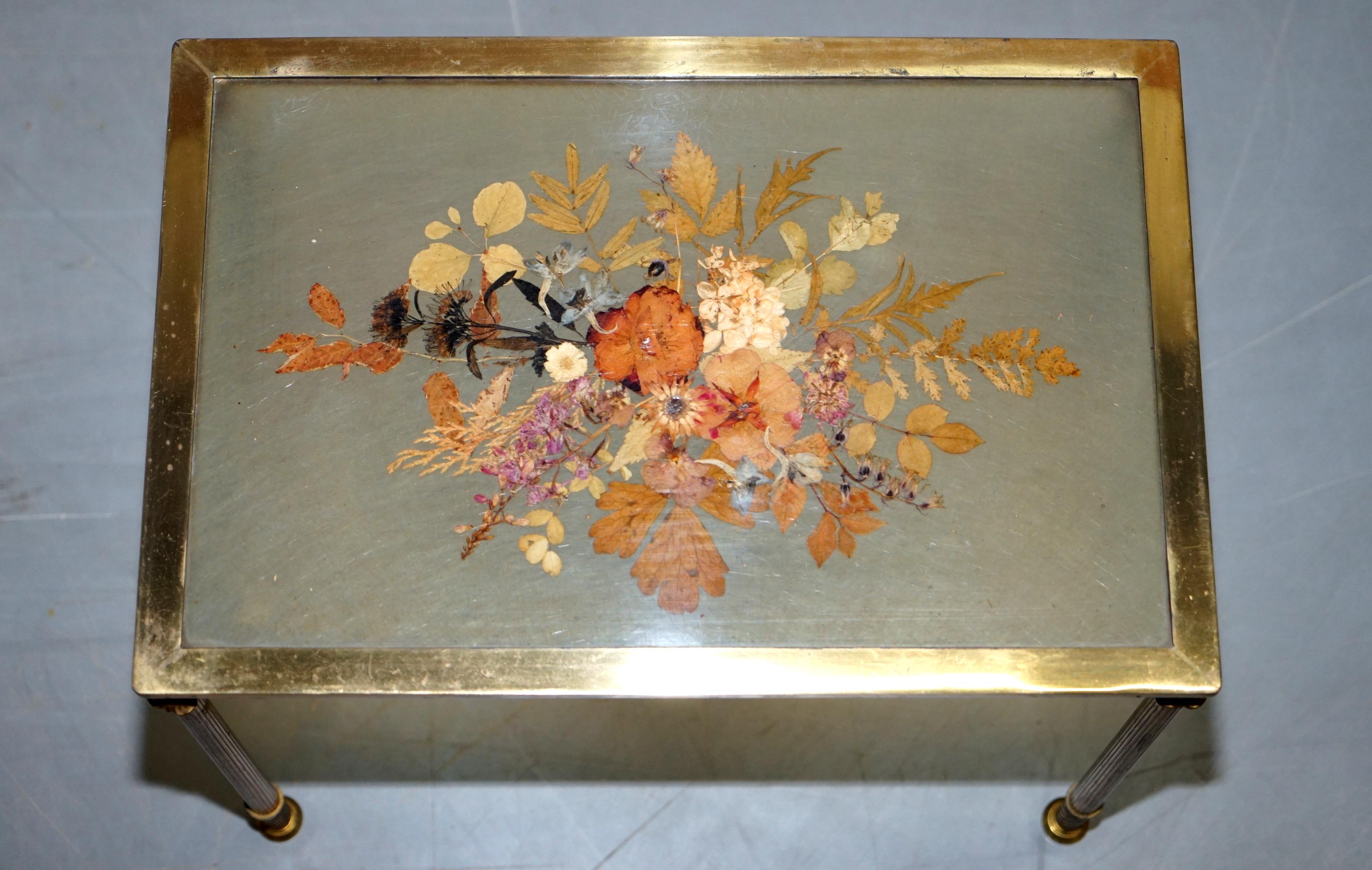 Stunning Nest of Three French circa 1920 Bronze Pressed Flowers Tables Regency 3 For Sale 13