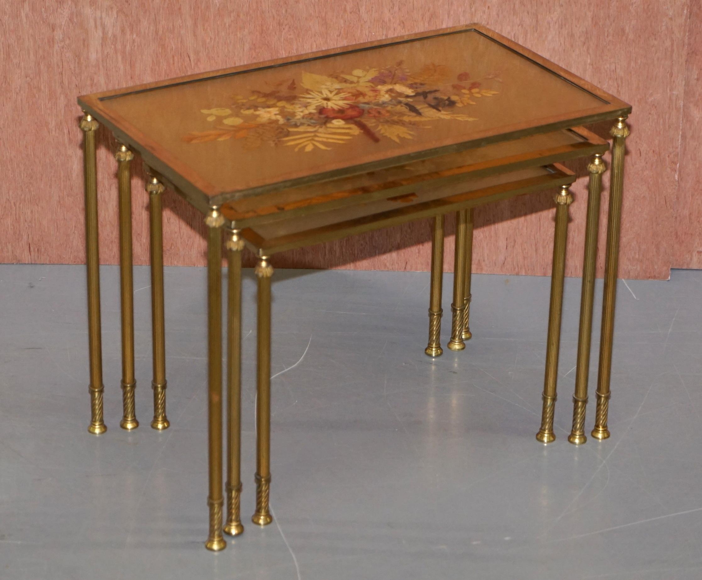 Art Deco Stunning Nest of Three French circa 1920 Bronze Pressed Flowers Tables Regency 3 For Sale