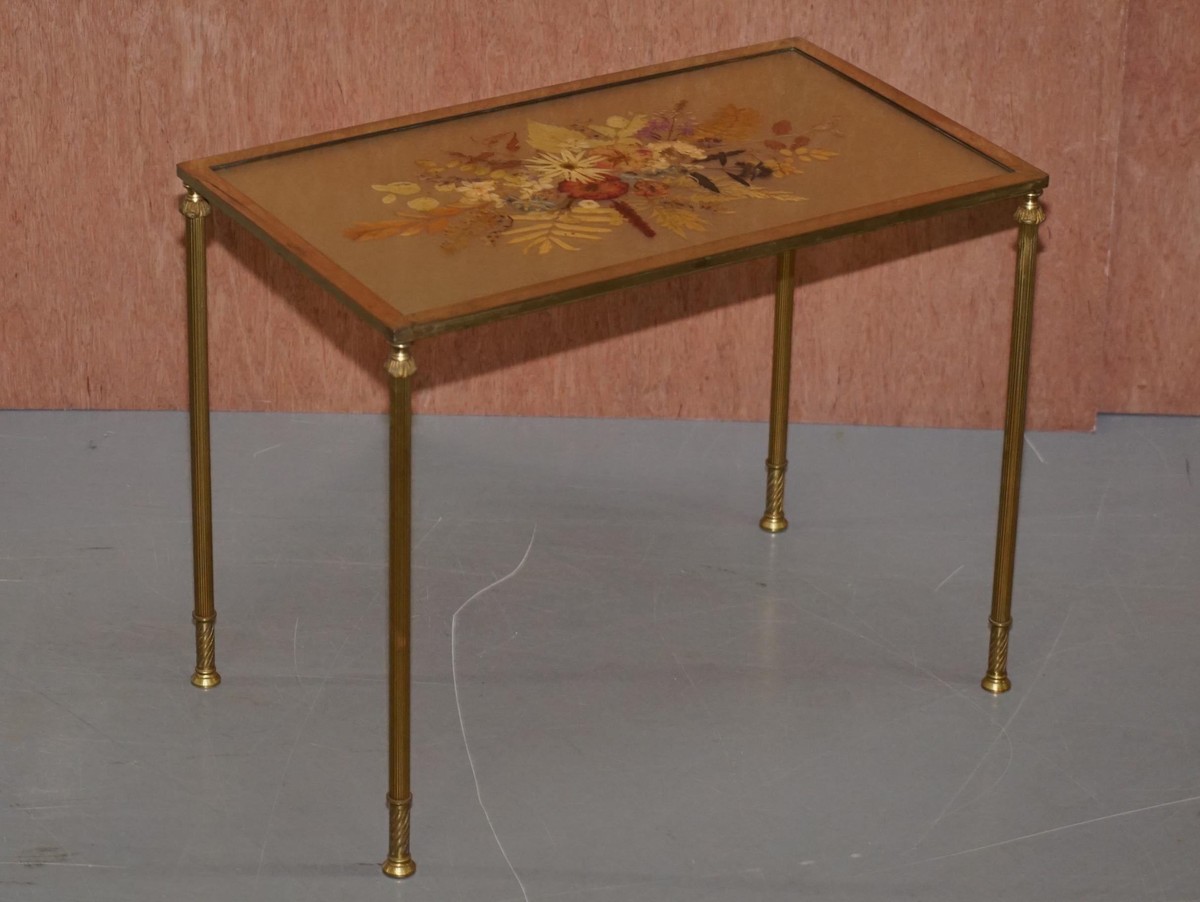 Hand-Crafted Stunning Nest of Three French circa 1920 Bronze Pressed Flowers Tables Regency 3 For Sale