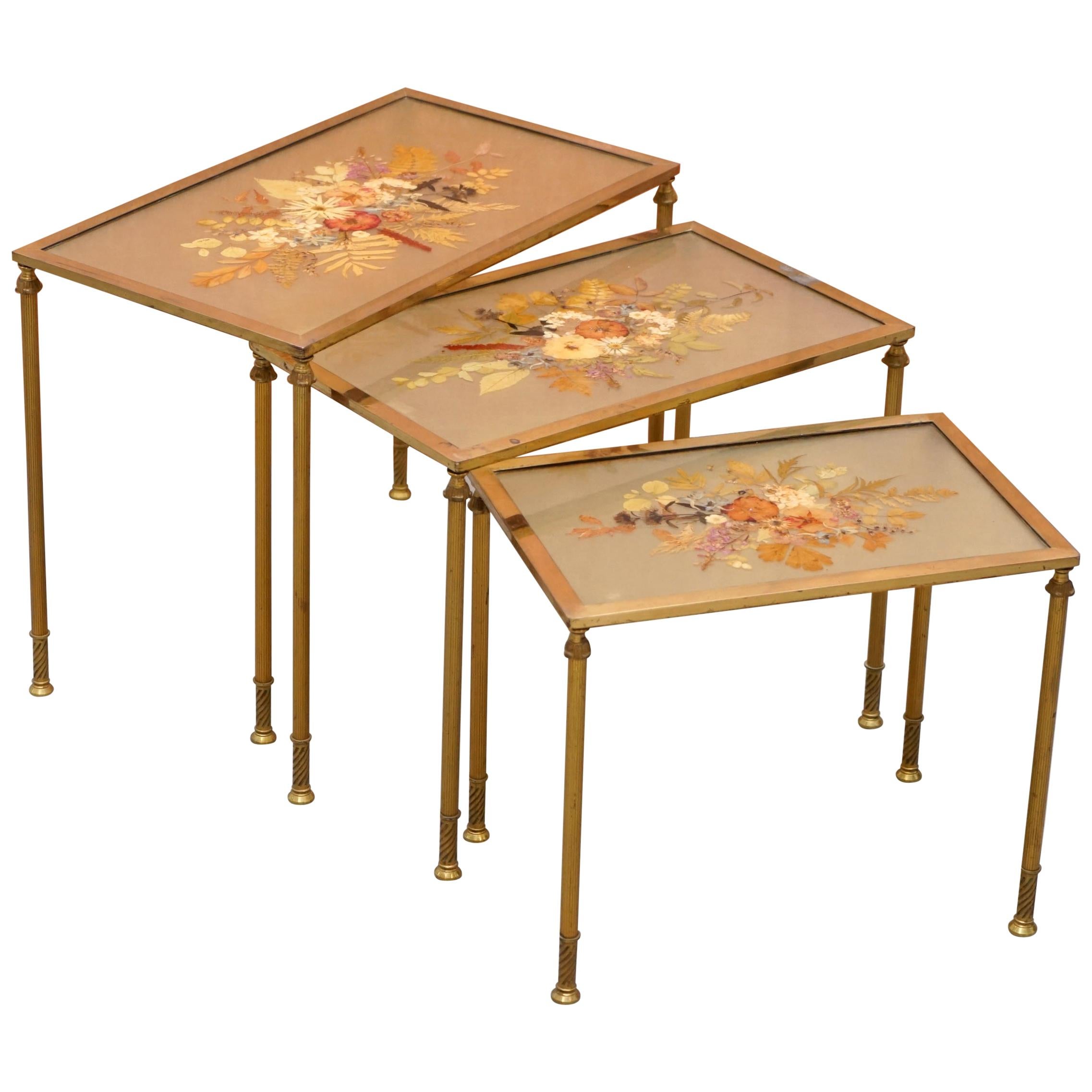 Stunning Nest of Three French circa 1920 Bronze Pressed Flowers Tables Regency 3 For Sale
