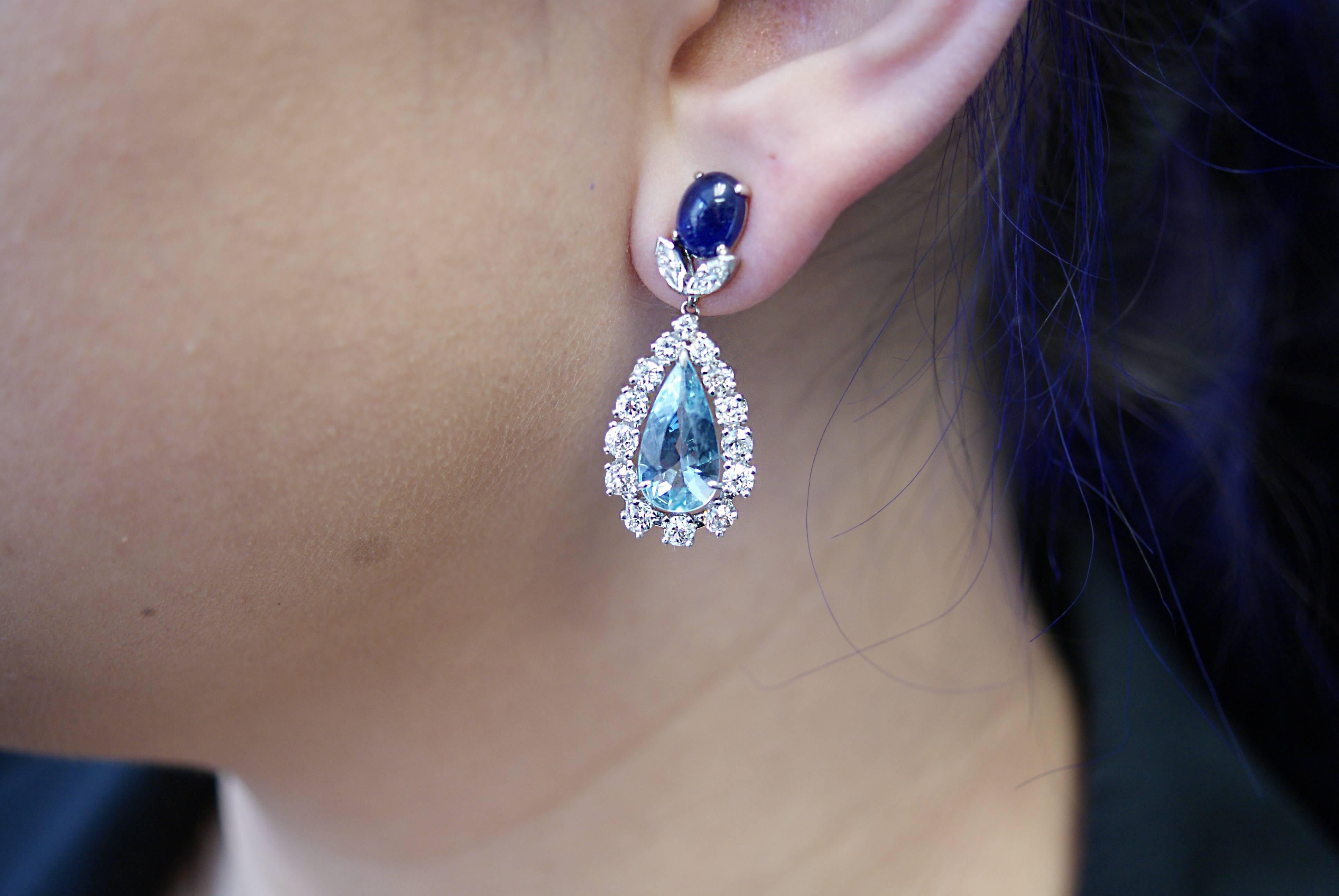 Stunning No Heat Burma Sapphire Aquamarine Diamond Platinum Ear Pendants In Excellent Condition In New York, NY