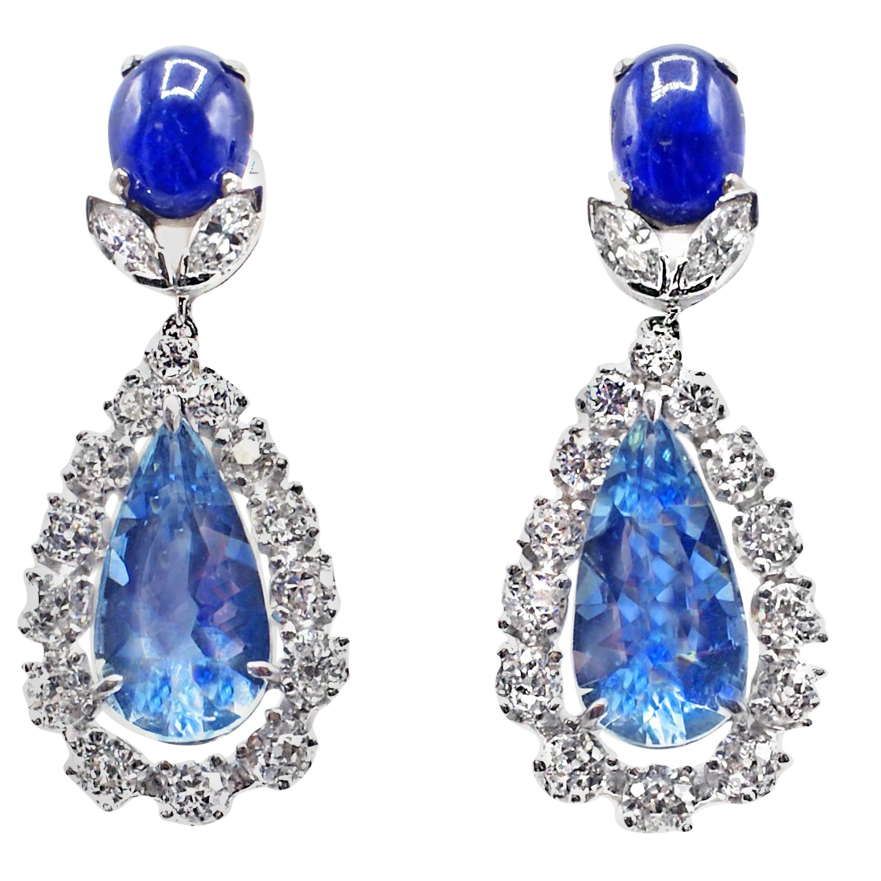 Stunning No Heat Burma Sapphire Aquamarine Diamond Platinum Ear Pendants