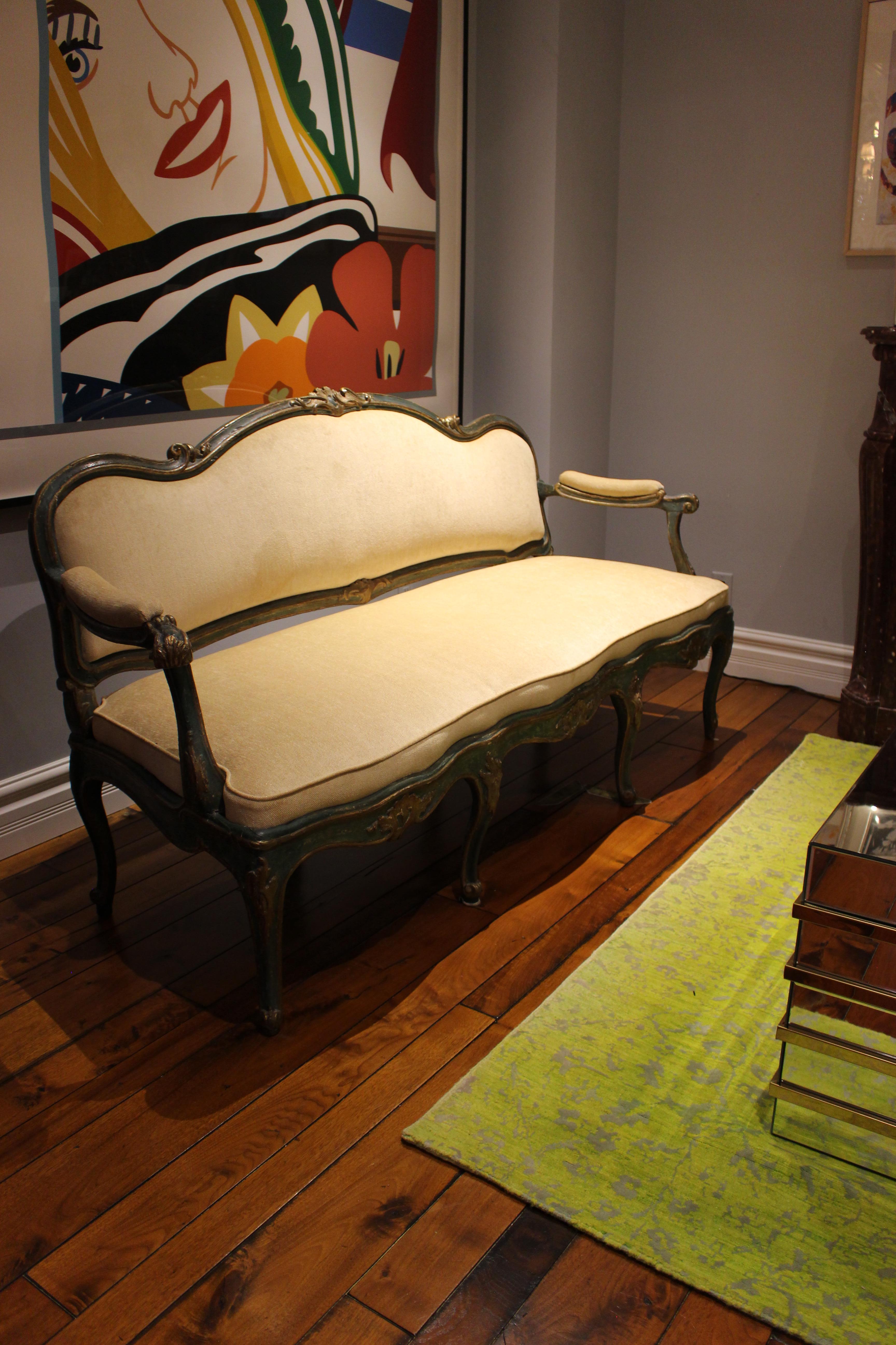 Giltwood Stunning North Italian Green Painted and Parcel-Gilt Settee For Sale