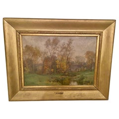 Antique  Stunning Olive Parker Black Landscape Painting in Giltwood Frame