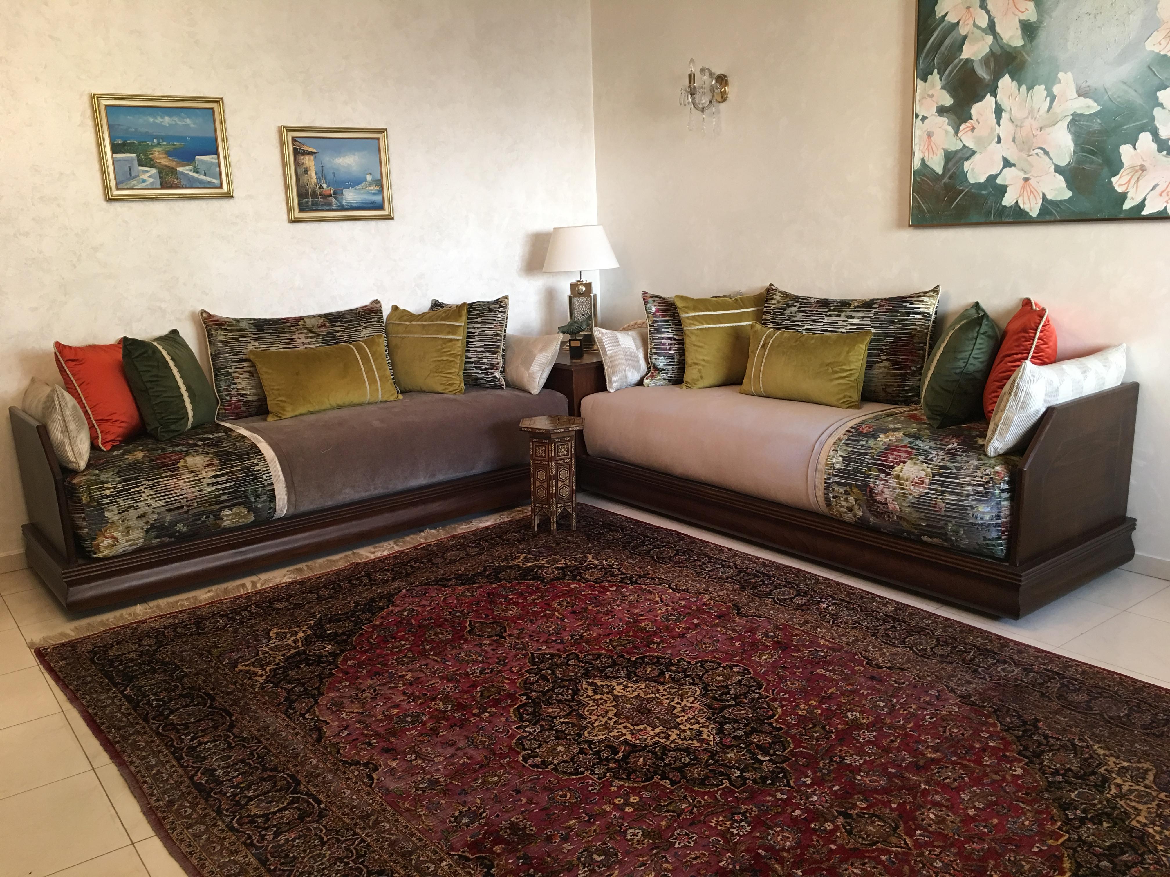 Harmonious color scheme. A stunning collection of top of the line fabrics. What a beautifully adorned 3 piece Moroccan living room set!
Each sofa measures approximately 87