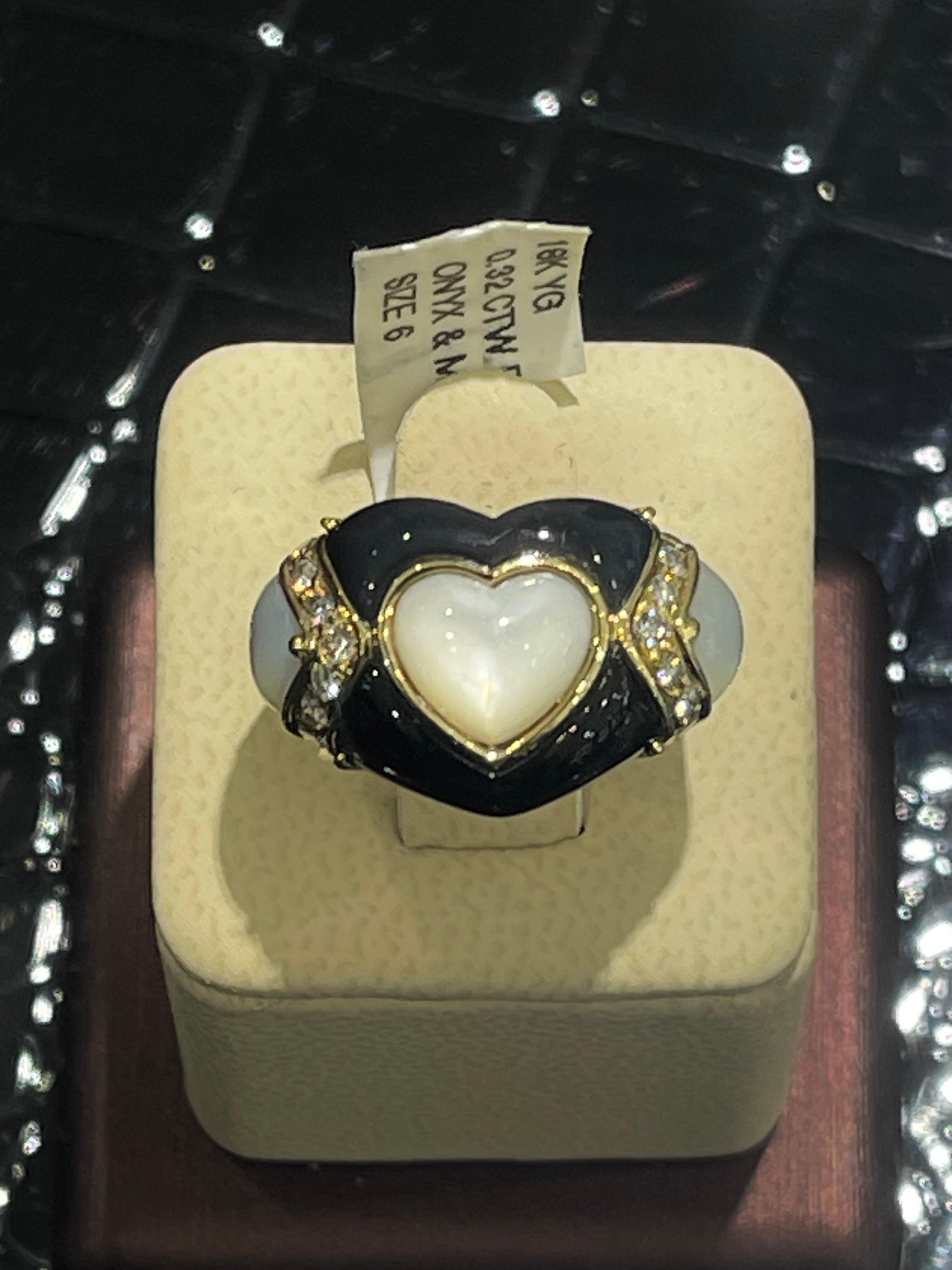 Art Nouveau Stunning Onyx, Mother Of Pearl And Diamond Heart Ring In 18k For Sale