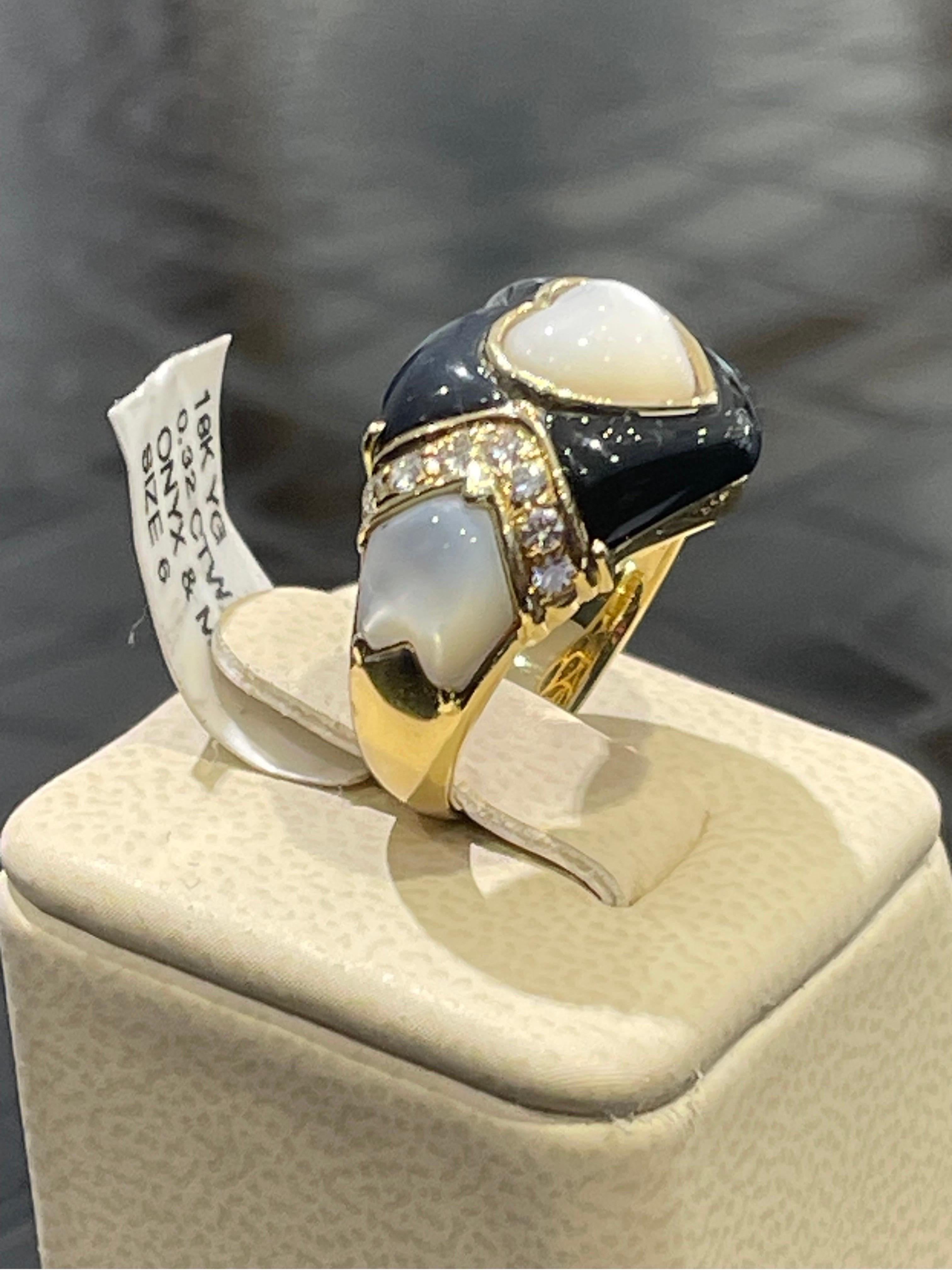 Heart Cut Stunning Onyx, Mother Of Pearl And Diamond Heart Ring In 18k For Sale