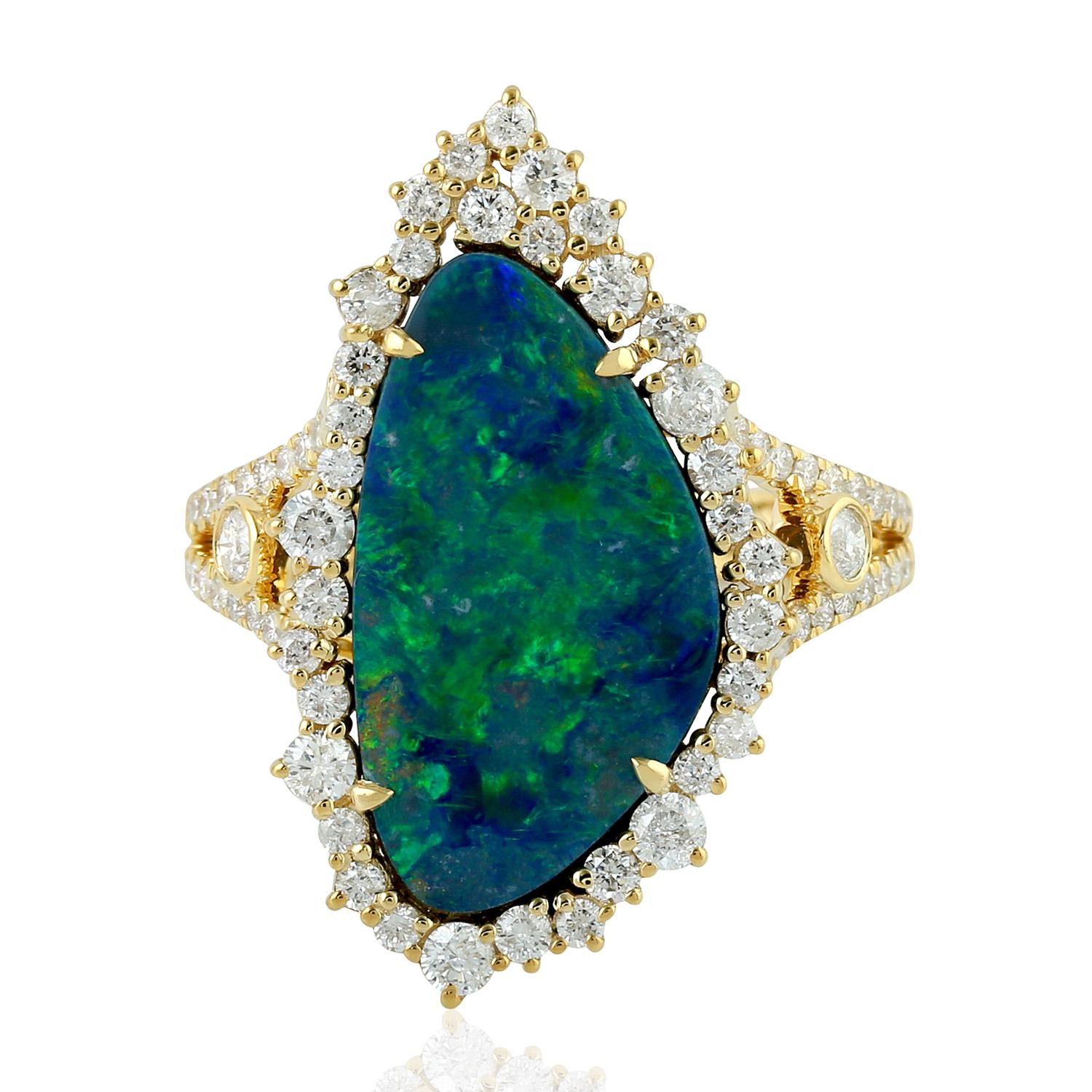 Mixed Cut Stunning Opal and Diamond Ring in 18k Yellow Gold